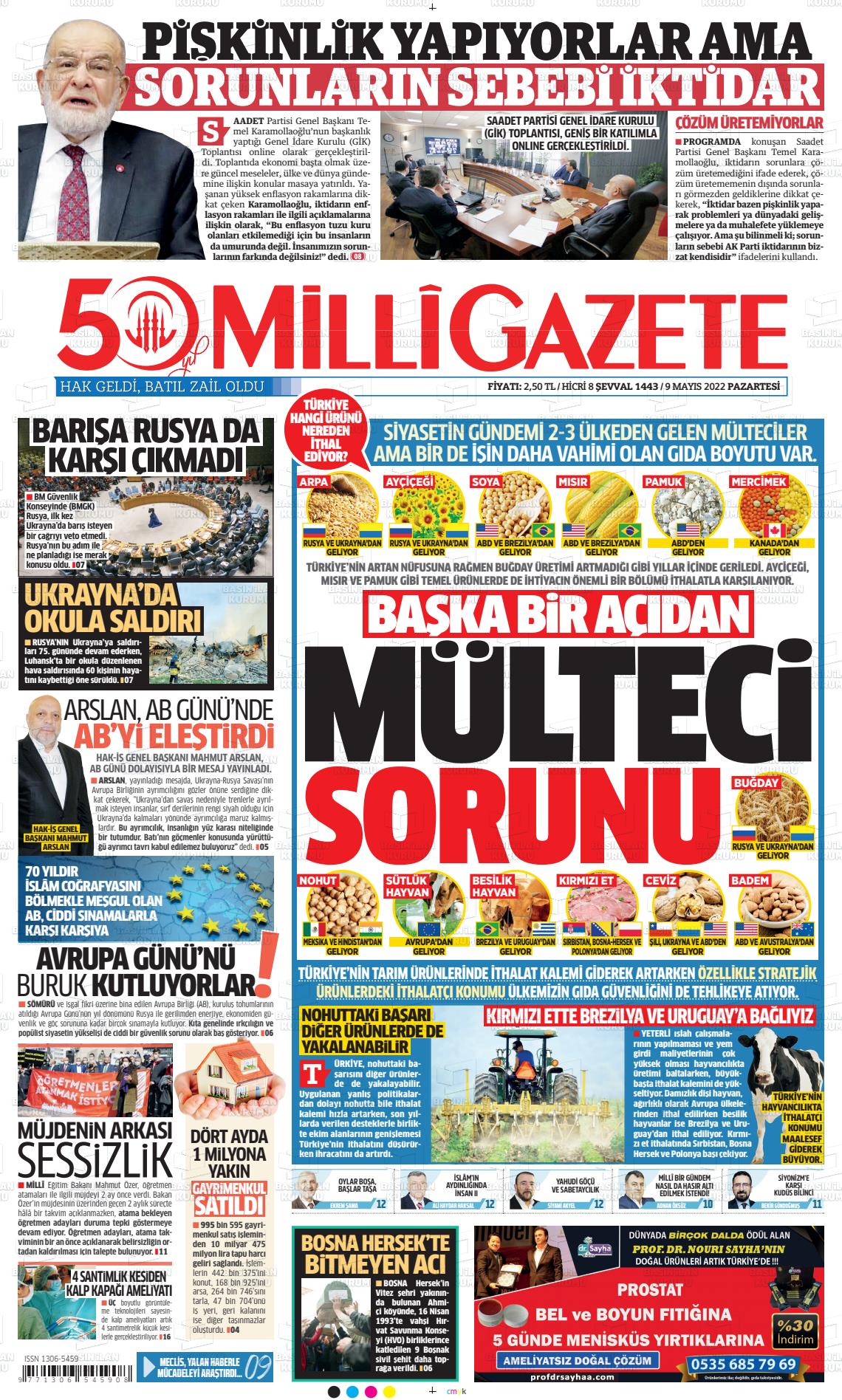 09 Mayıs 2022 Milli Gazete Gazete Manşeti