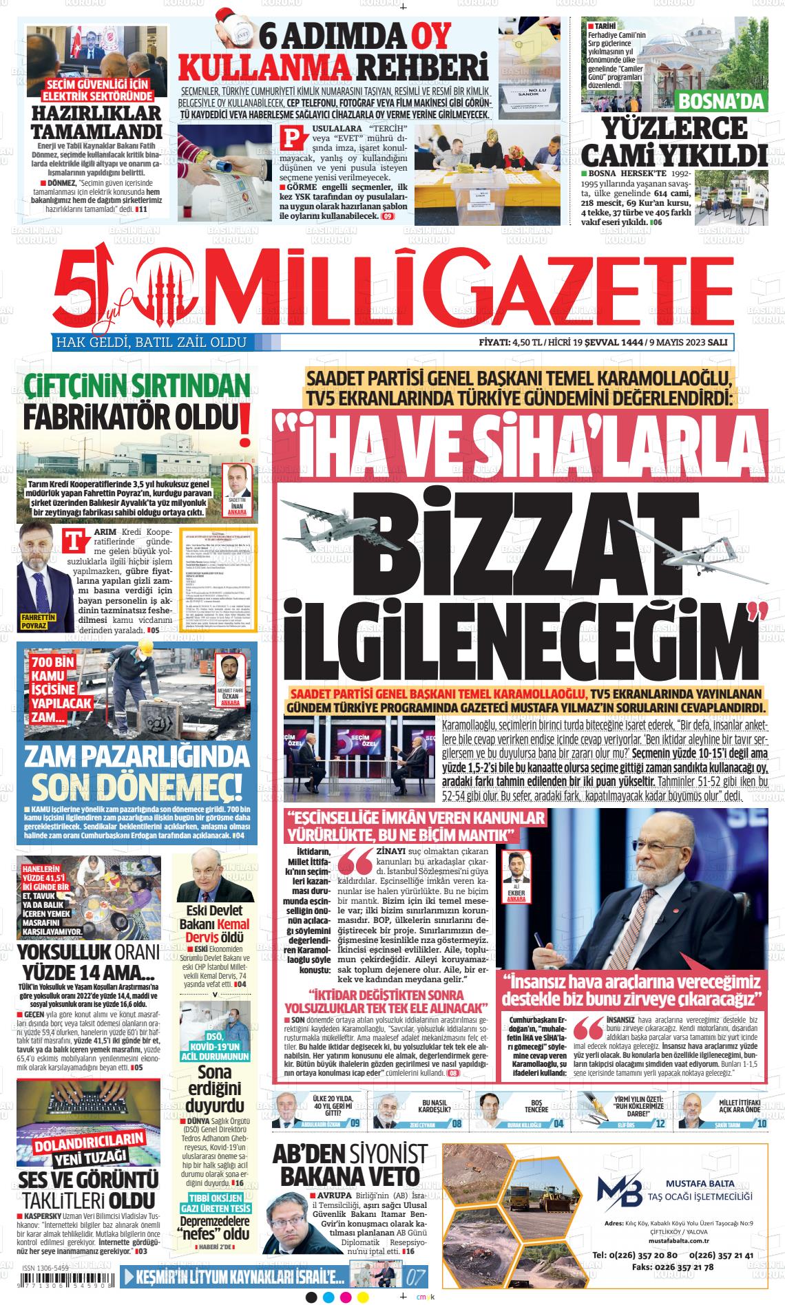 09 Mayıs 2023 Milli Gazete Gazete Manşeti