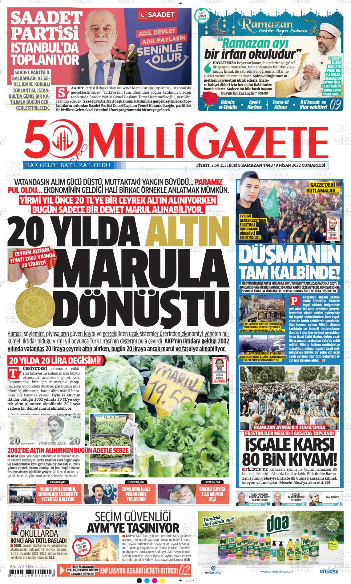 09 Nisan 2022 Milli Gazete Gazete Manşeti