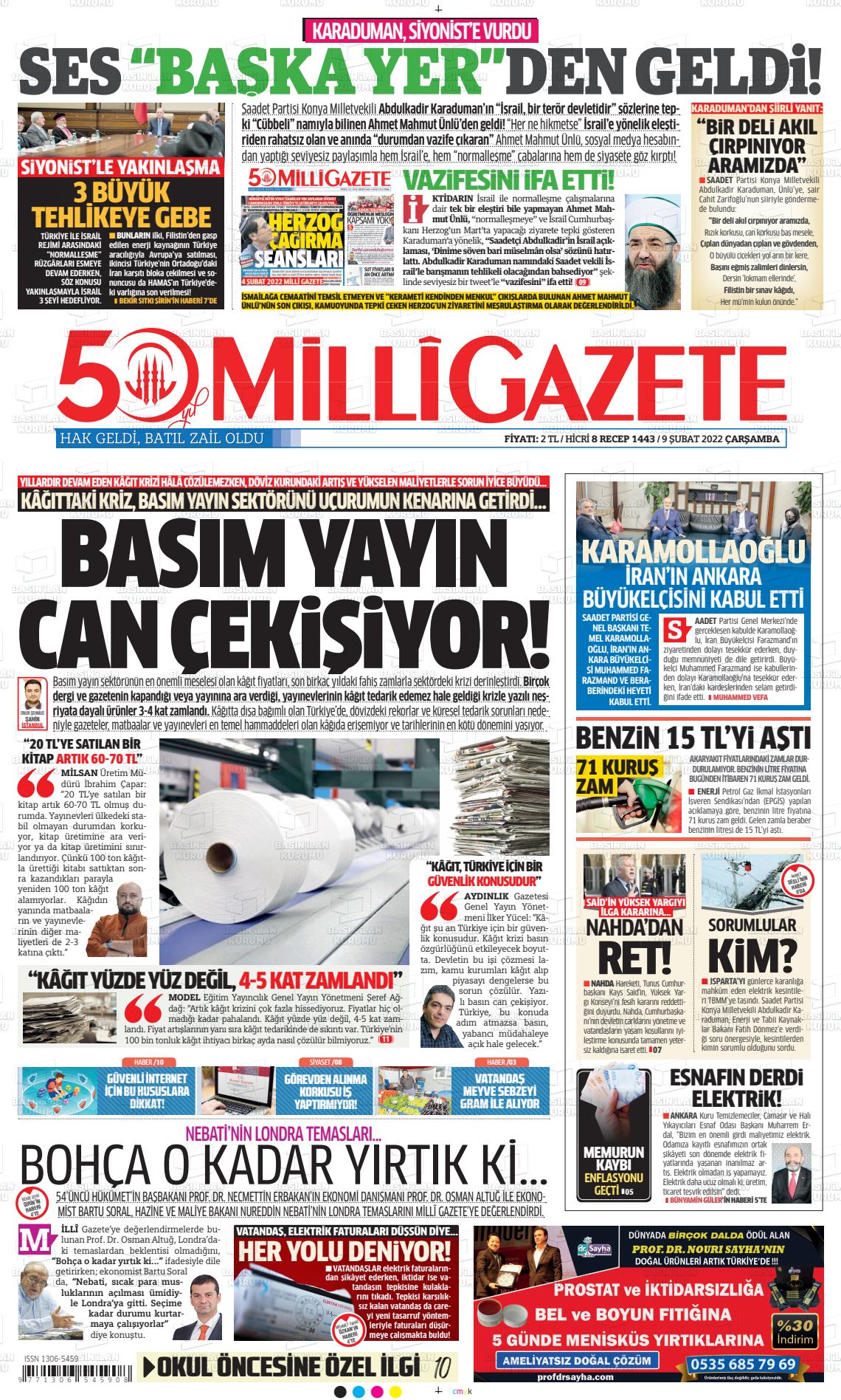 09 Şubat 2022 Milli Gazete Gazete Manşeti