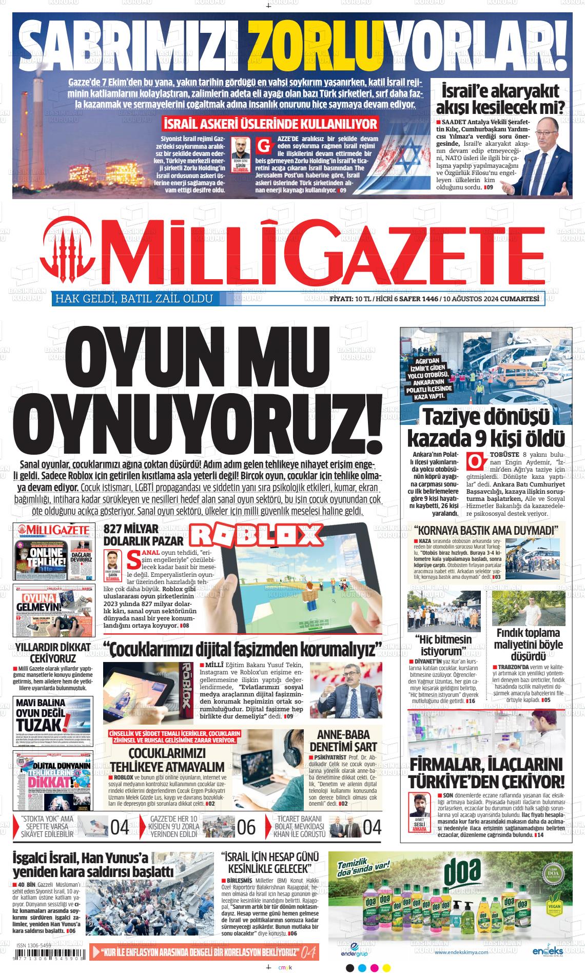 10 Ağustos 2024 Milli Gazete Gazete Manşeti