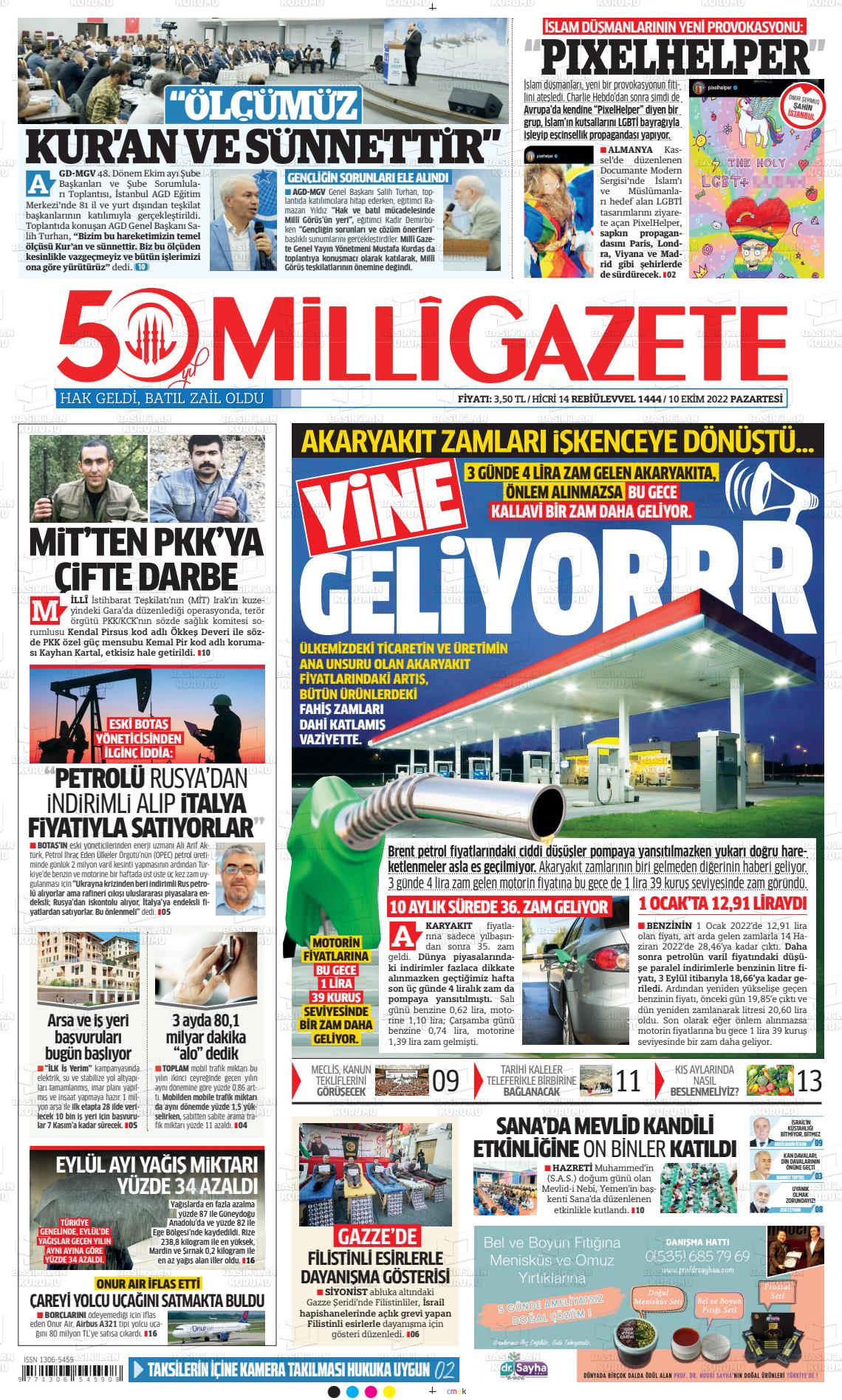 10 Ekim 2022 Milli Gazete Gazete Manşeti