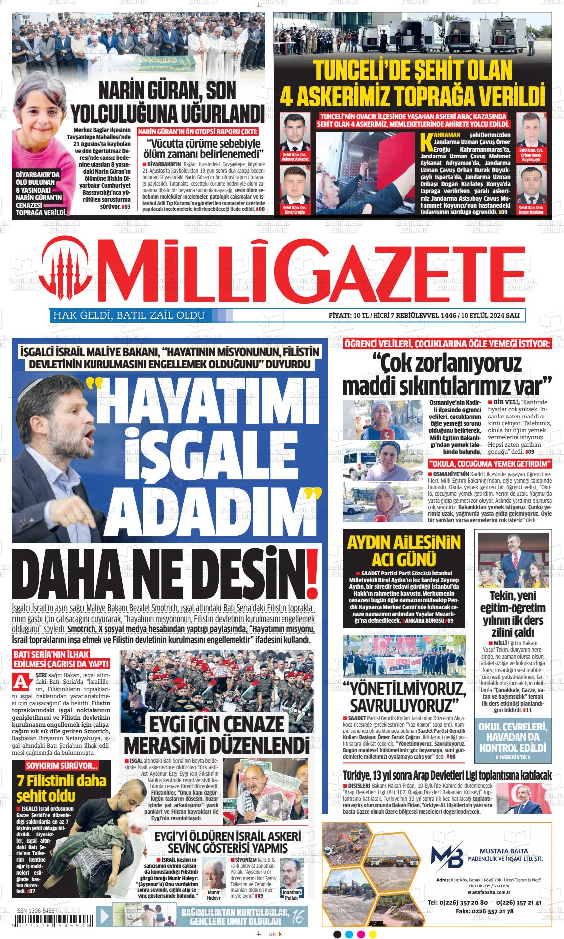 10 Eylül 2024 Milli Gazete Gazete Manşeti