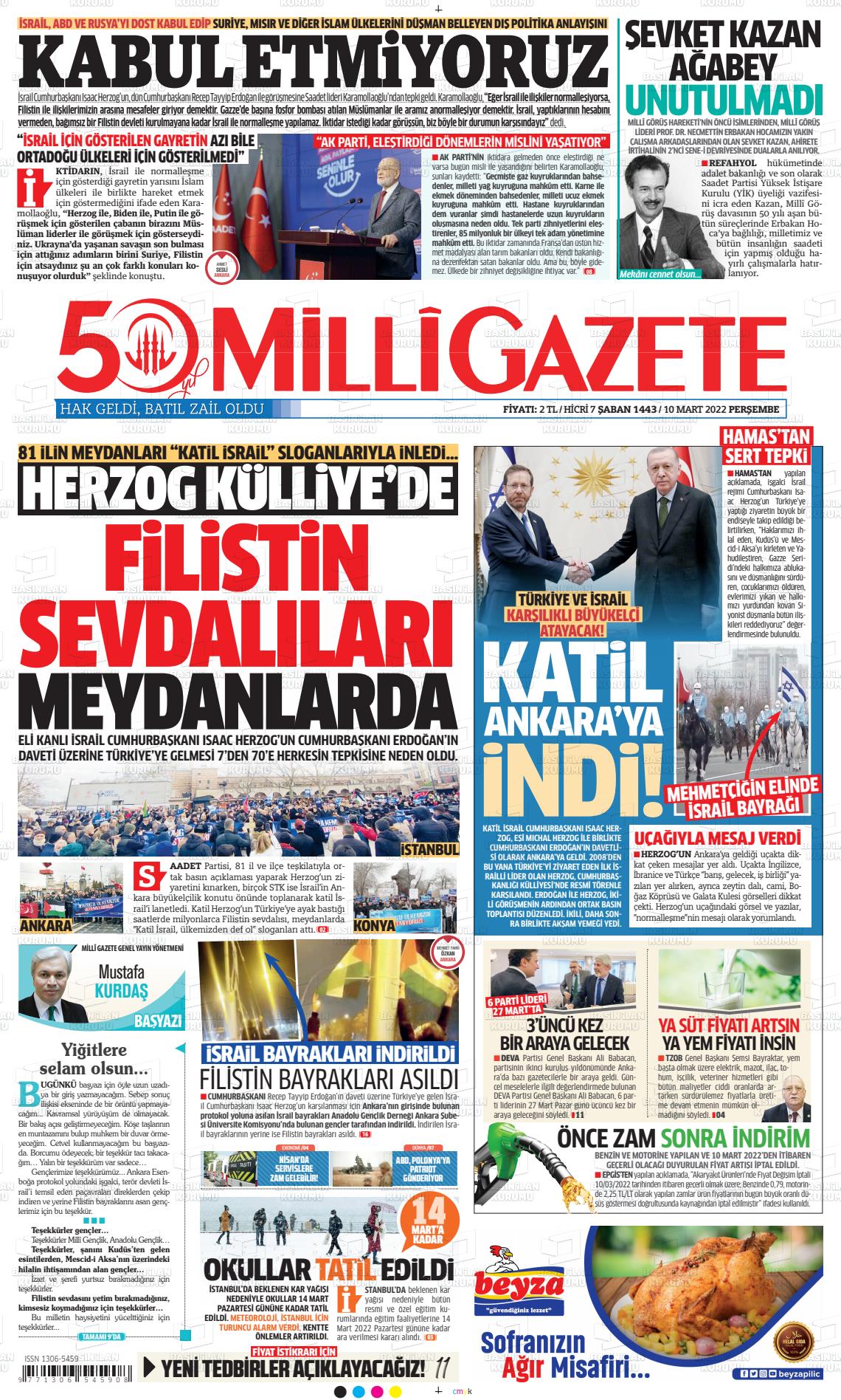 10 Mart 2022 Milli Gazete Gazete Manşeti