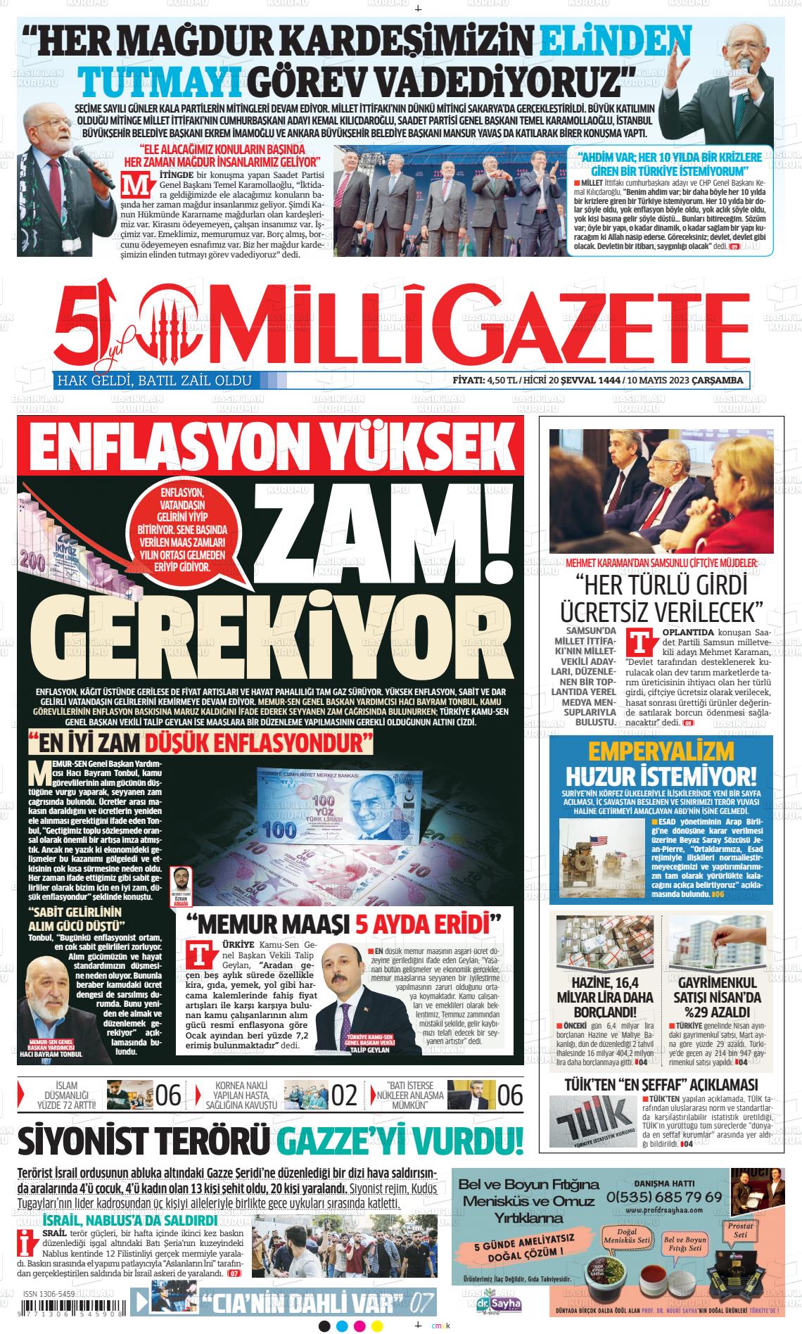 10 Mayıs 2023 Milli Gazete Gazete Manşeti