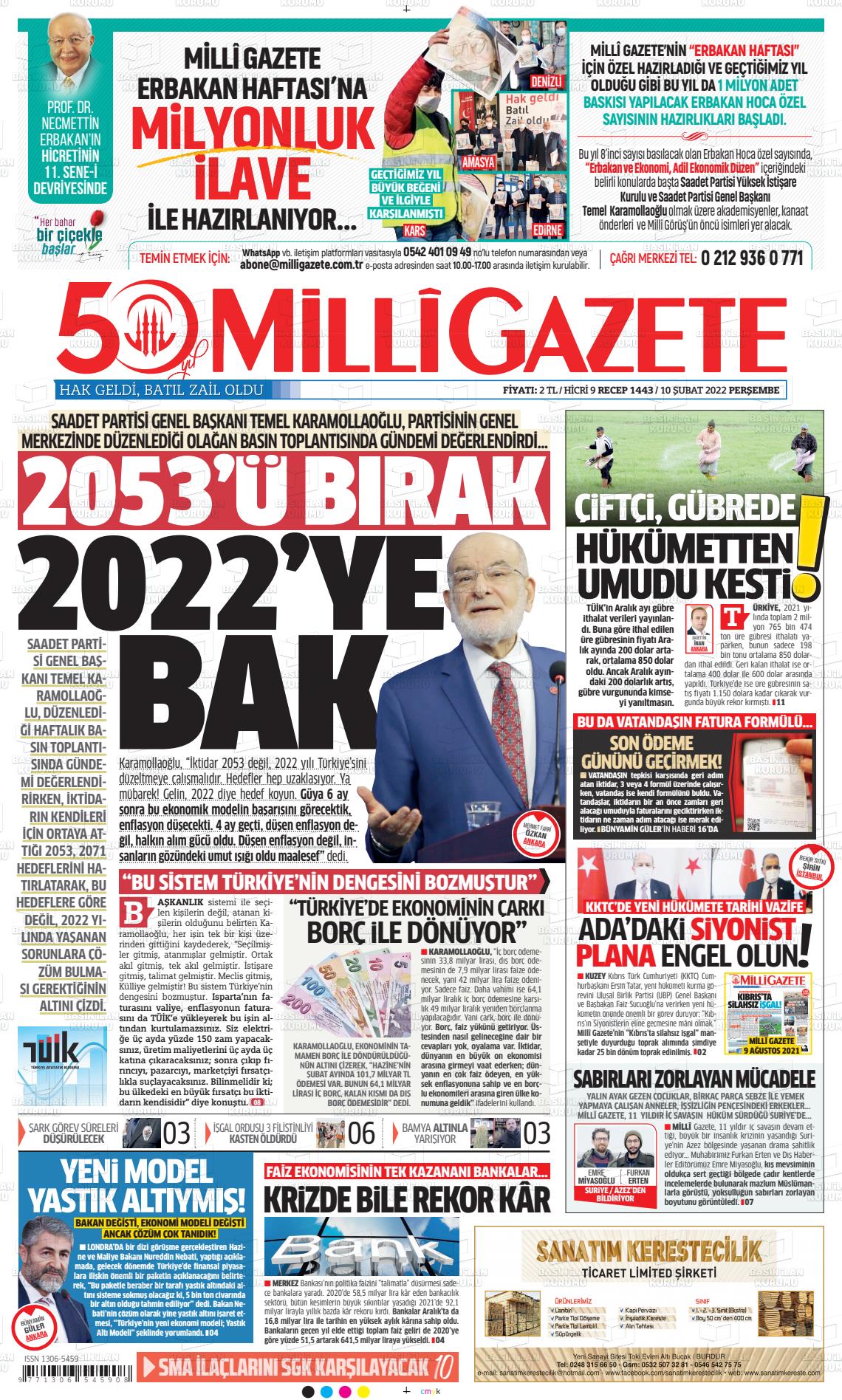 10 Şubat 2022 Milli Gazete Gazete Manşeti