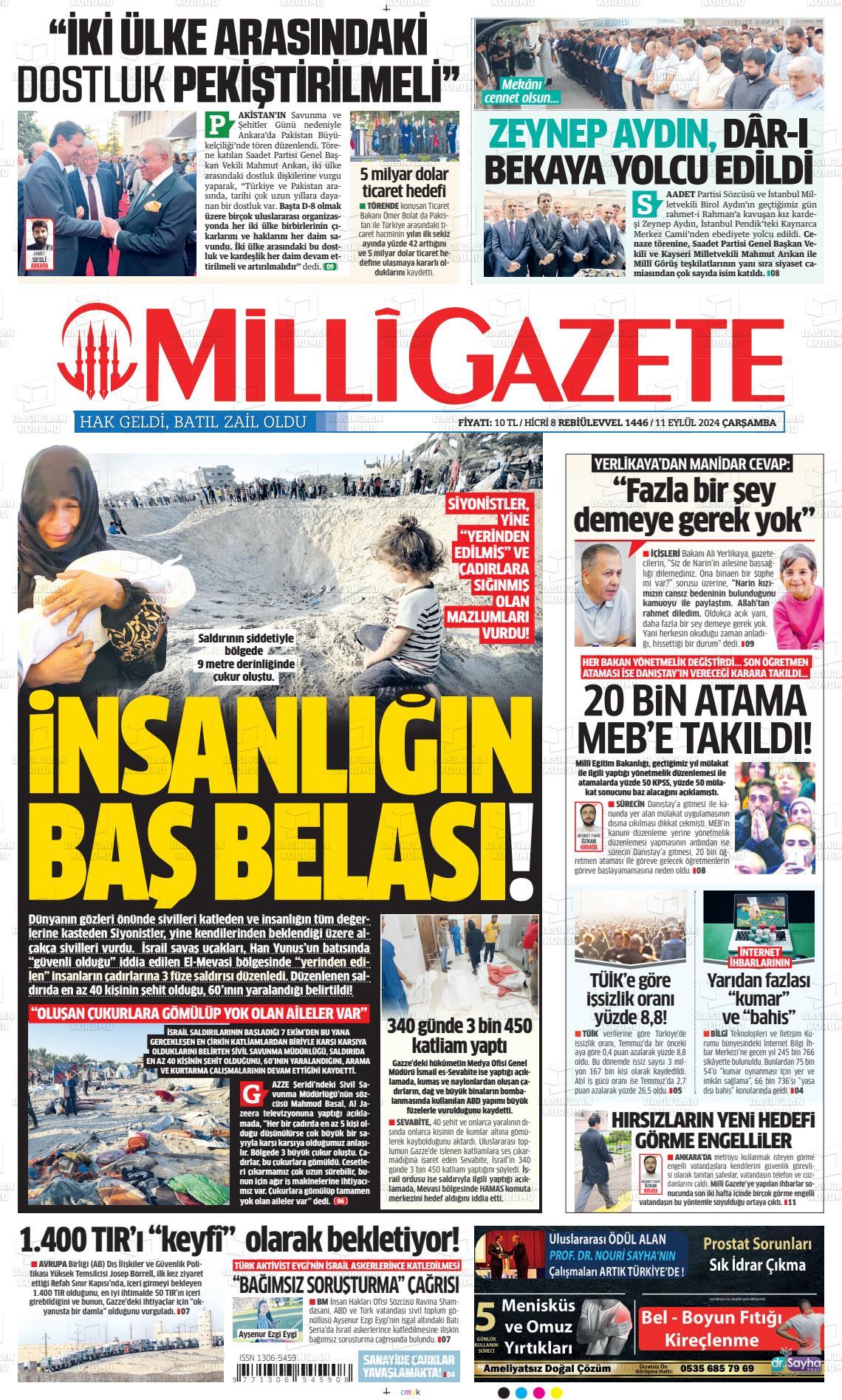 11 Eylül 2024 Milli Gazete Gazete Manşeti