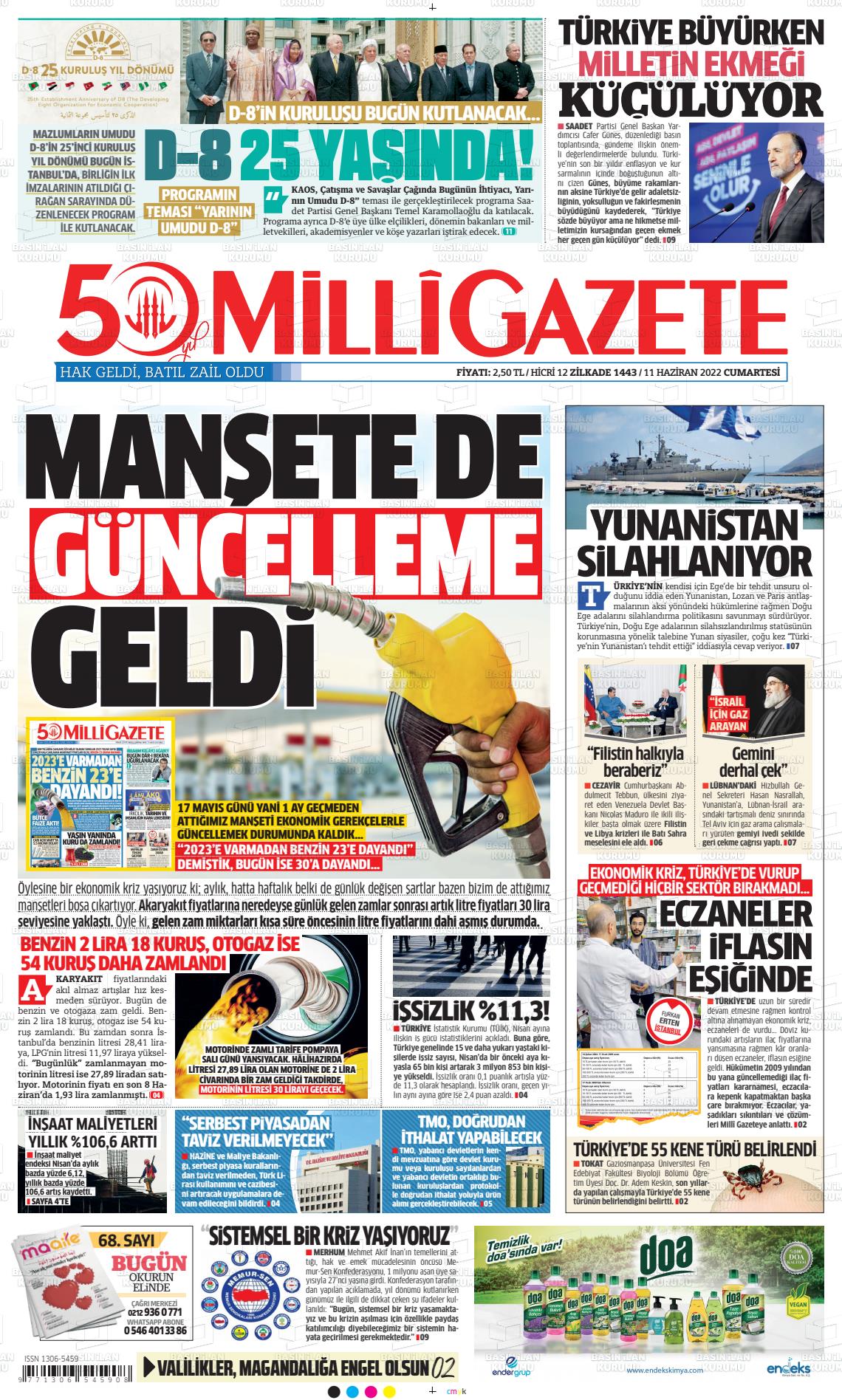 11 Haziran 2022 Milli Gazete Gazete Manşeti