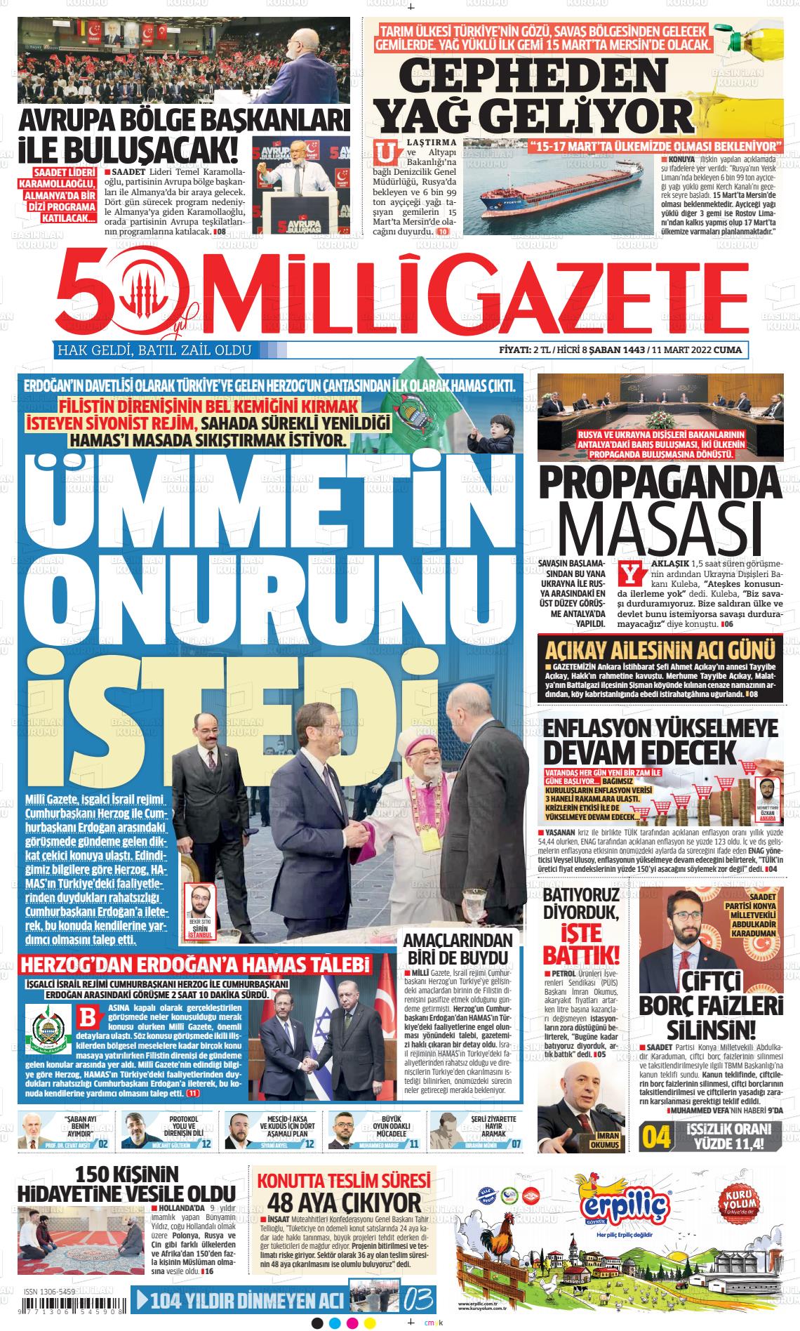 11 Mart 2022 Milli Gazete Gazete Manşeti