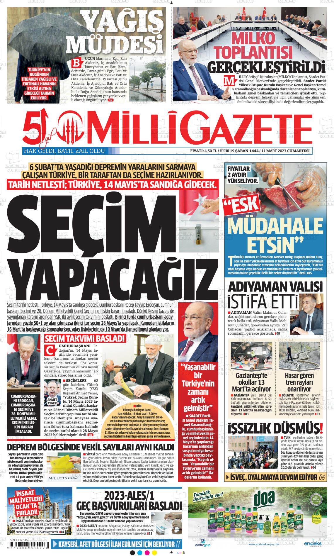 11 Mart 2023 Milli Gazete Gazete Manşeti