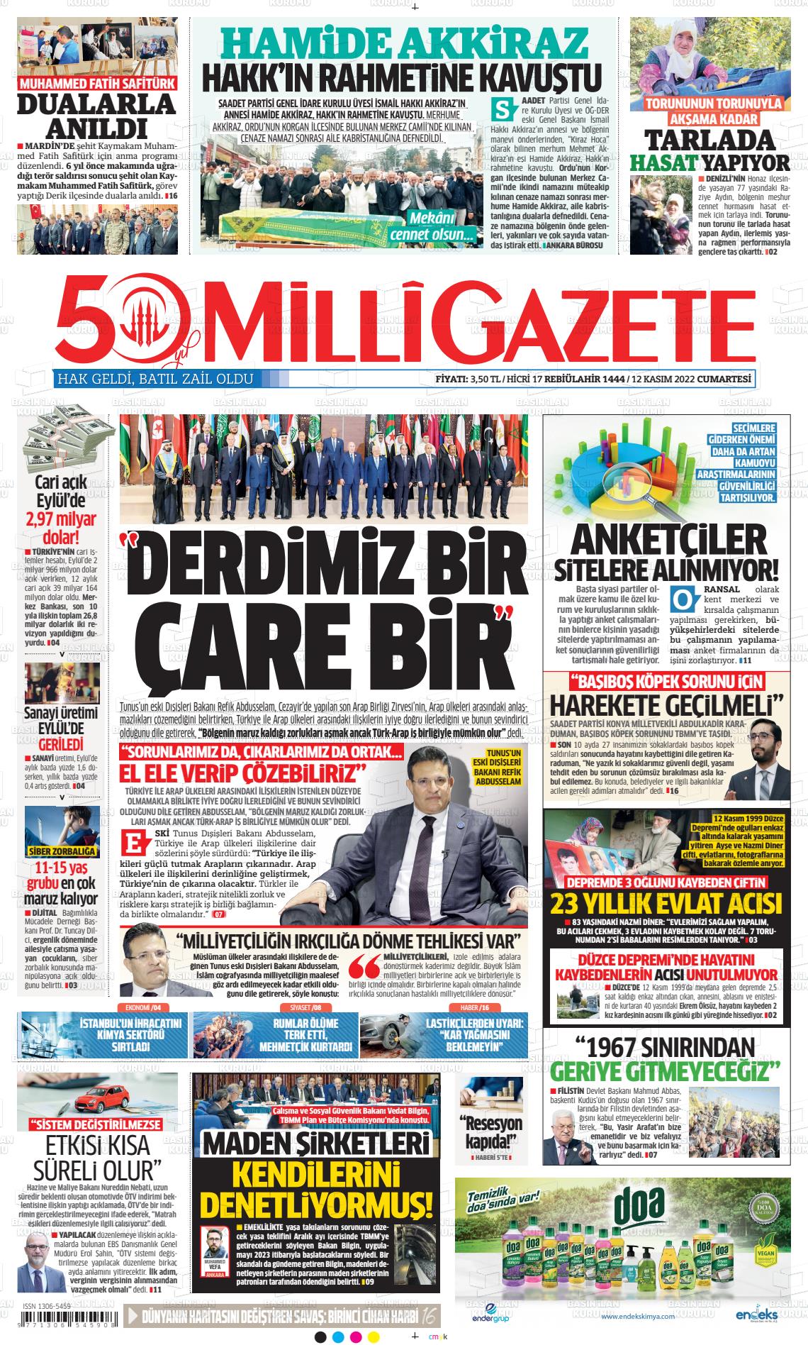 12 Kasım 2022 Milli Gazete Gazete Manşeti