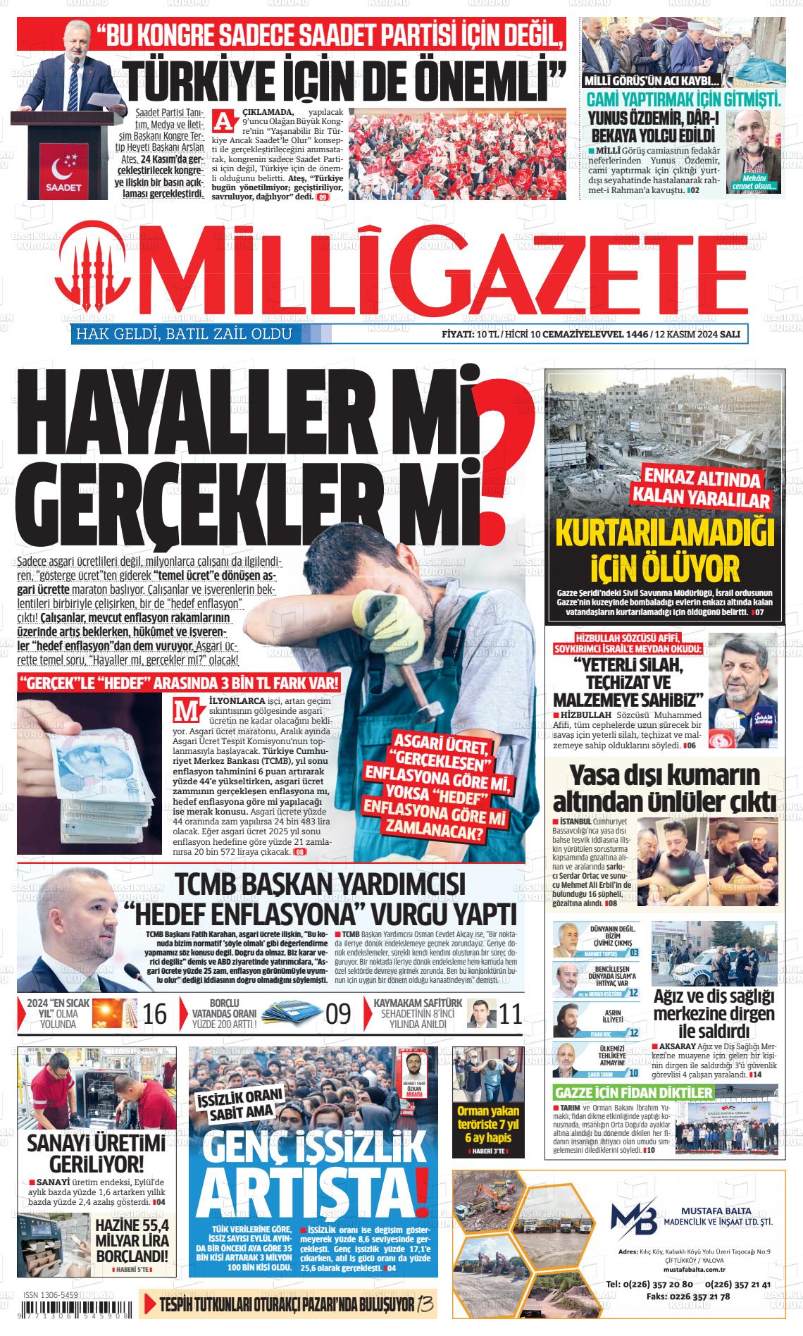 12 Kasım 2024 Milli Gazete Gazete Manşeti