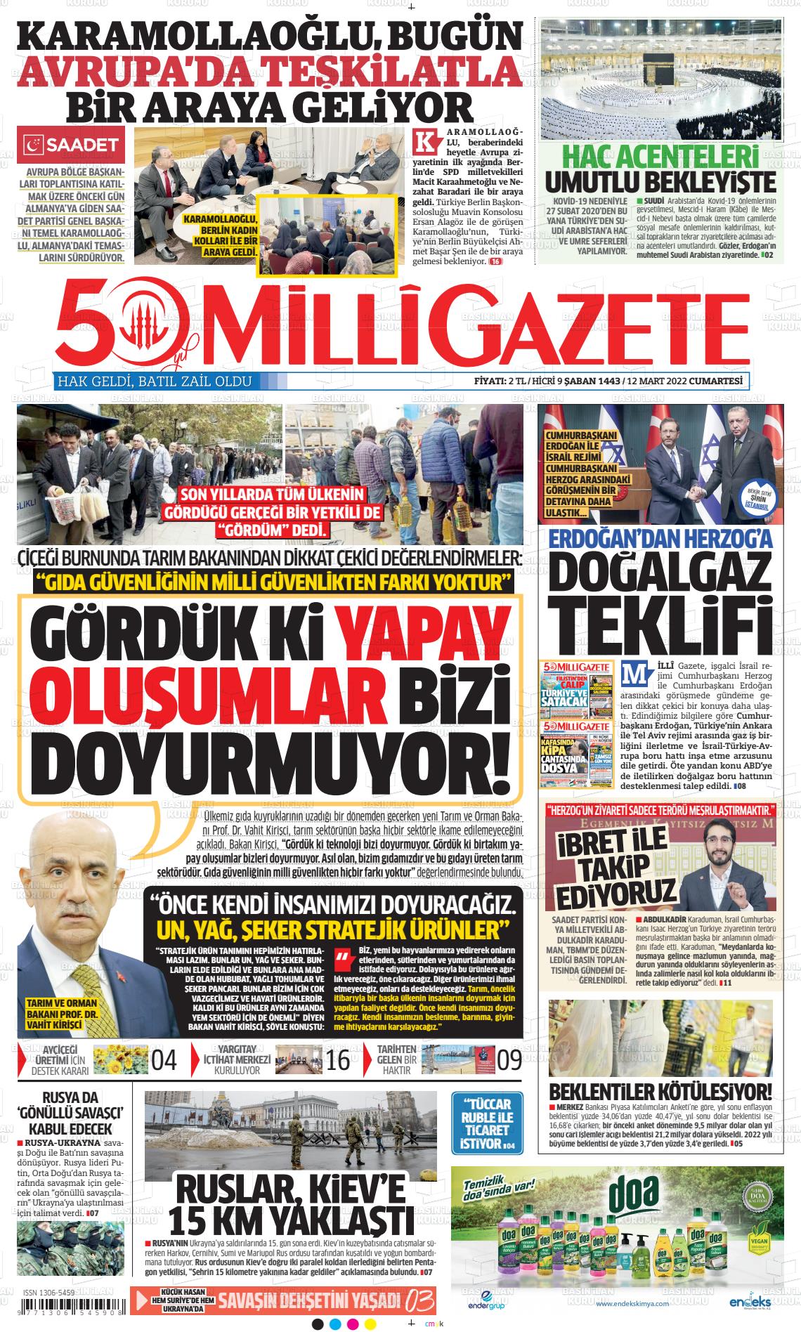 12 Mart 2022 Milli Gazete Gazete Manşeti