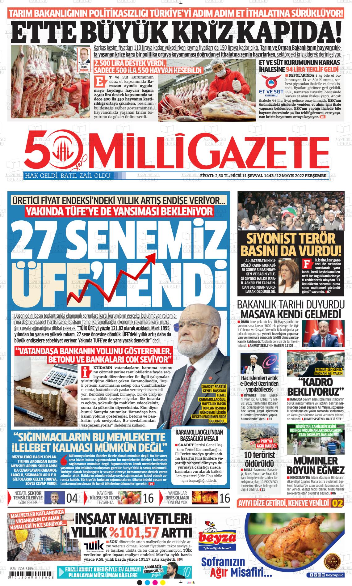 12 Mayıs 2022 Milli Gazete Gazete Manşeti