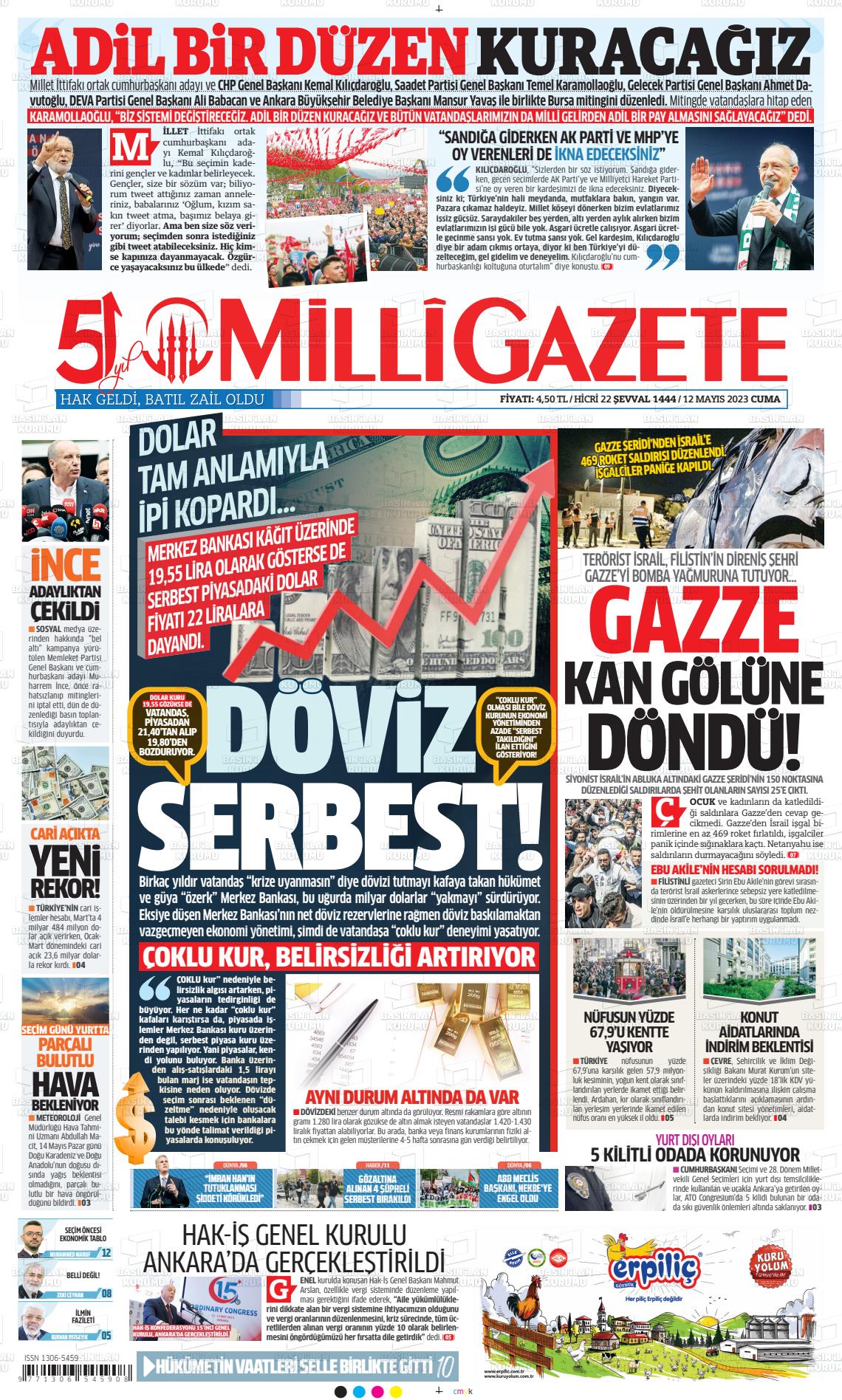 12 Mayıs 2023 Milli Gazete Gazete Manşeti