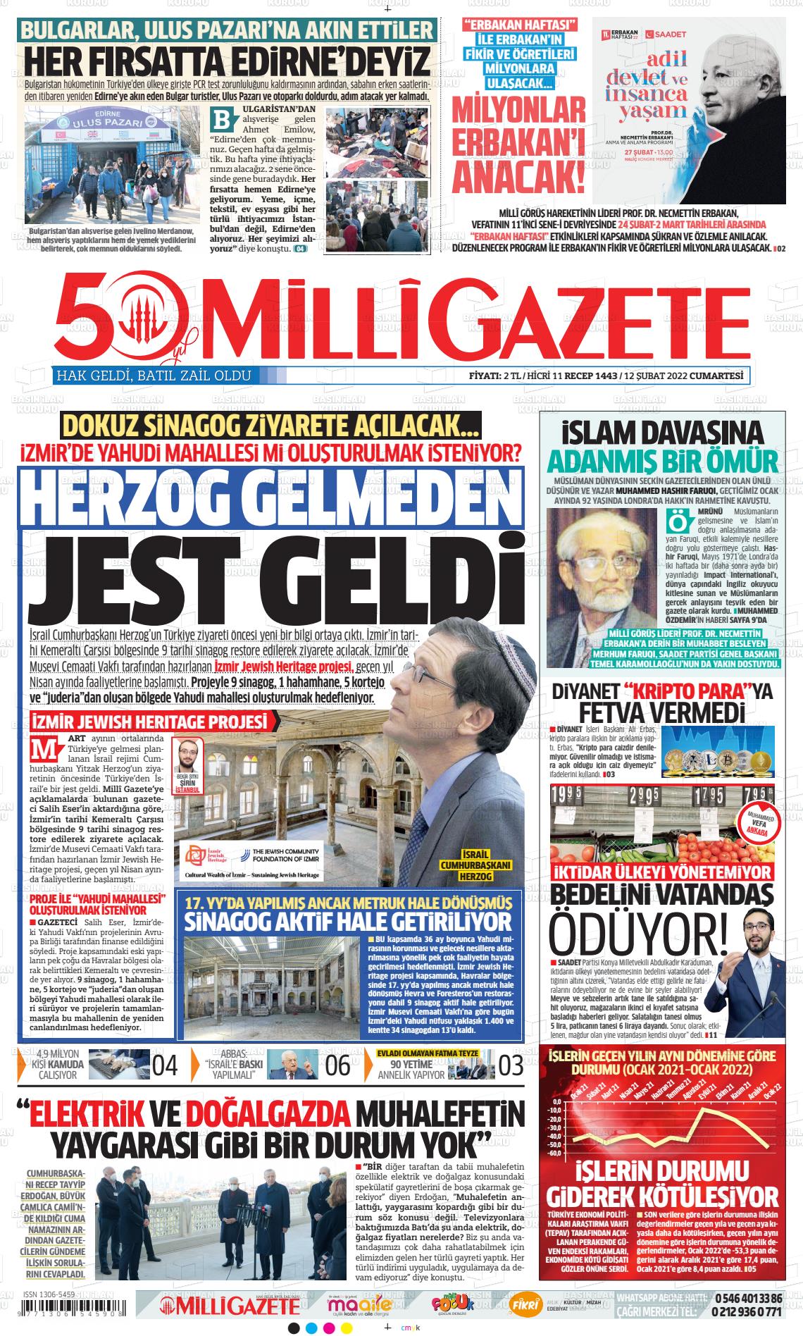 12 Şubat 2022 Milli Gazete Gazete Manşeti