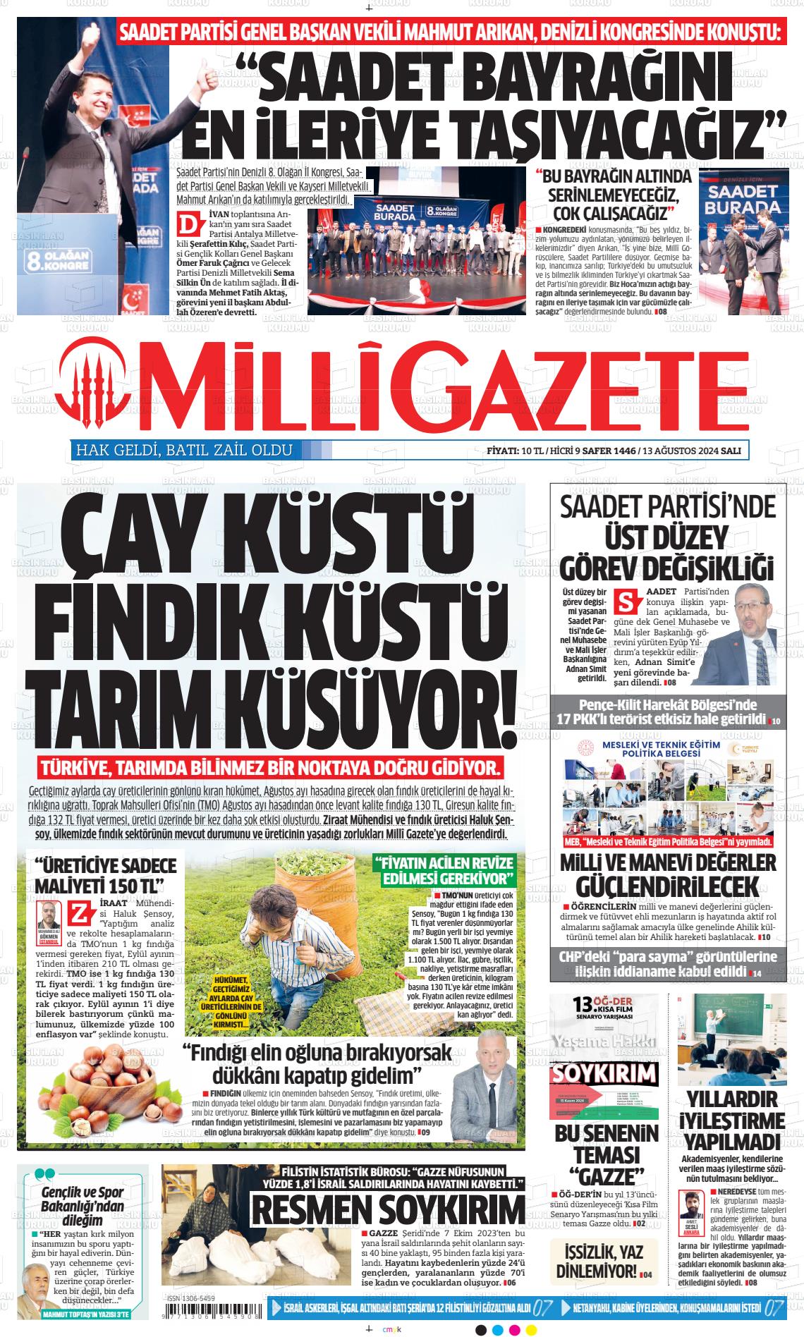 13 Ağustos 2024 Milli Gazete Gazete Manşeti