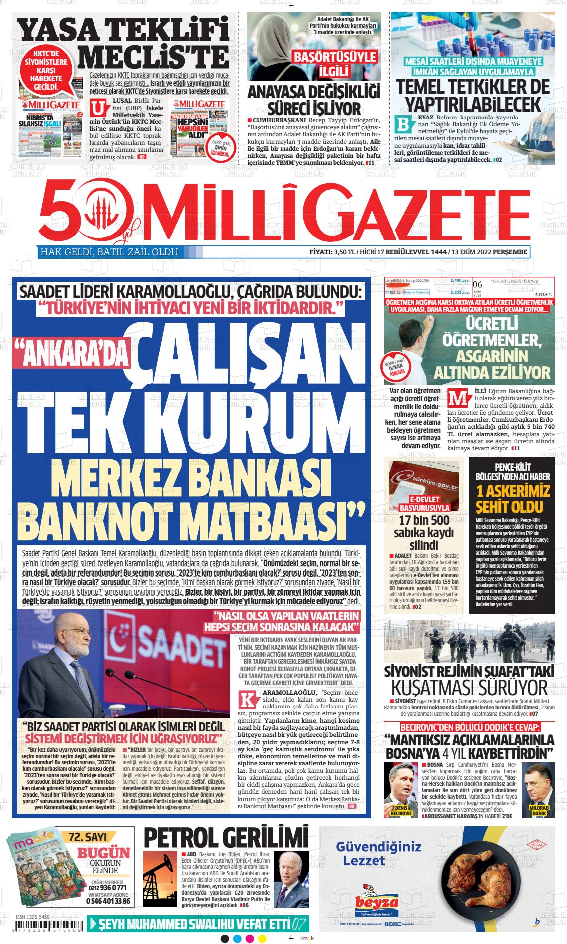 13 Ekim 2022 Milli Gazete Gazete Manşeti