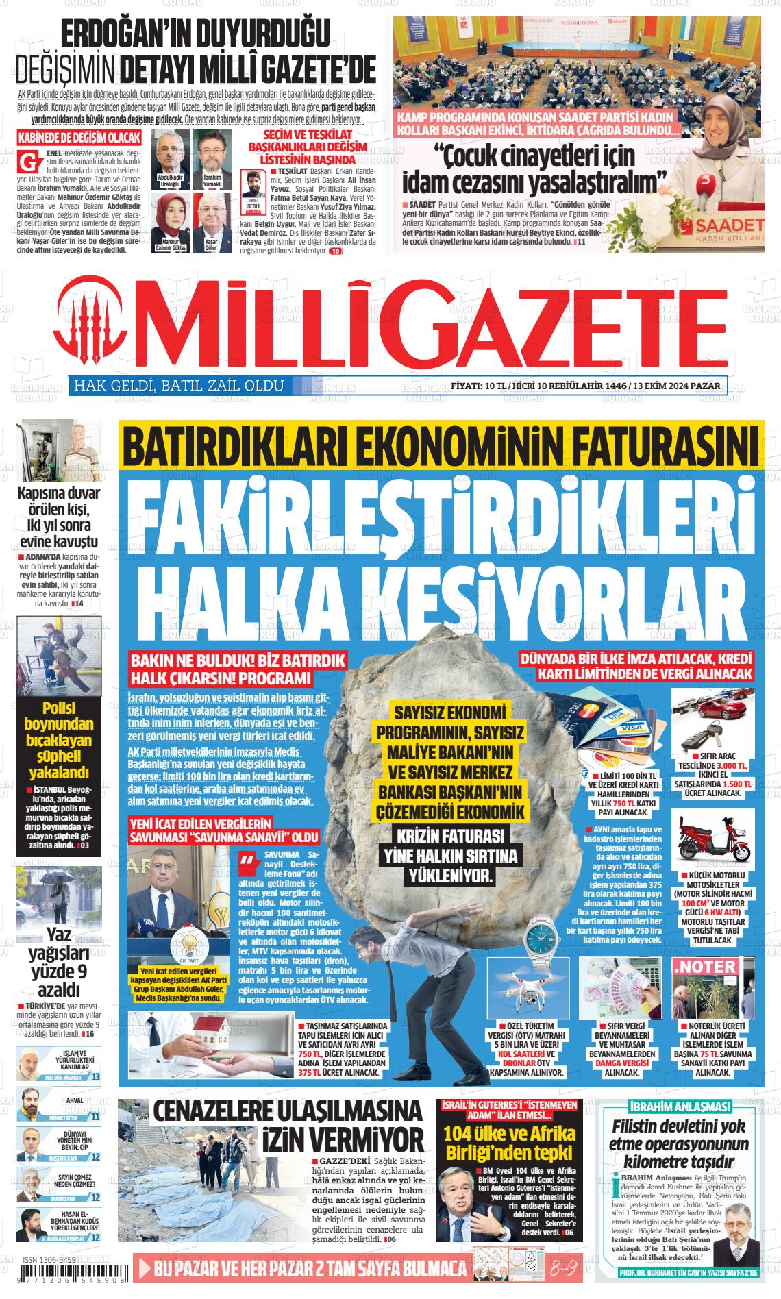 13 Ekim 2024 Milli Gazete Gazete Manşeti