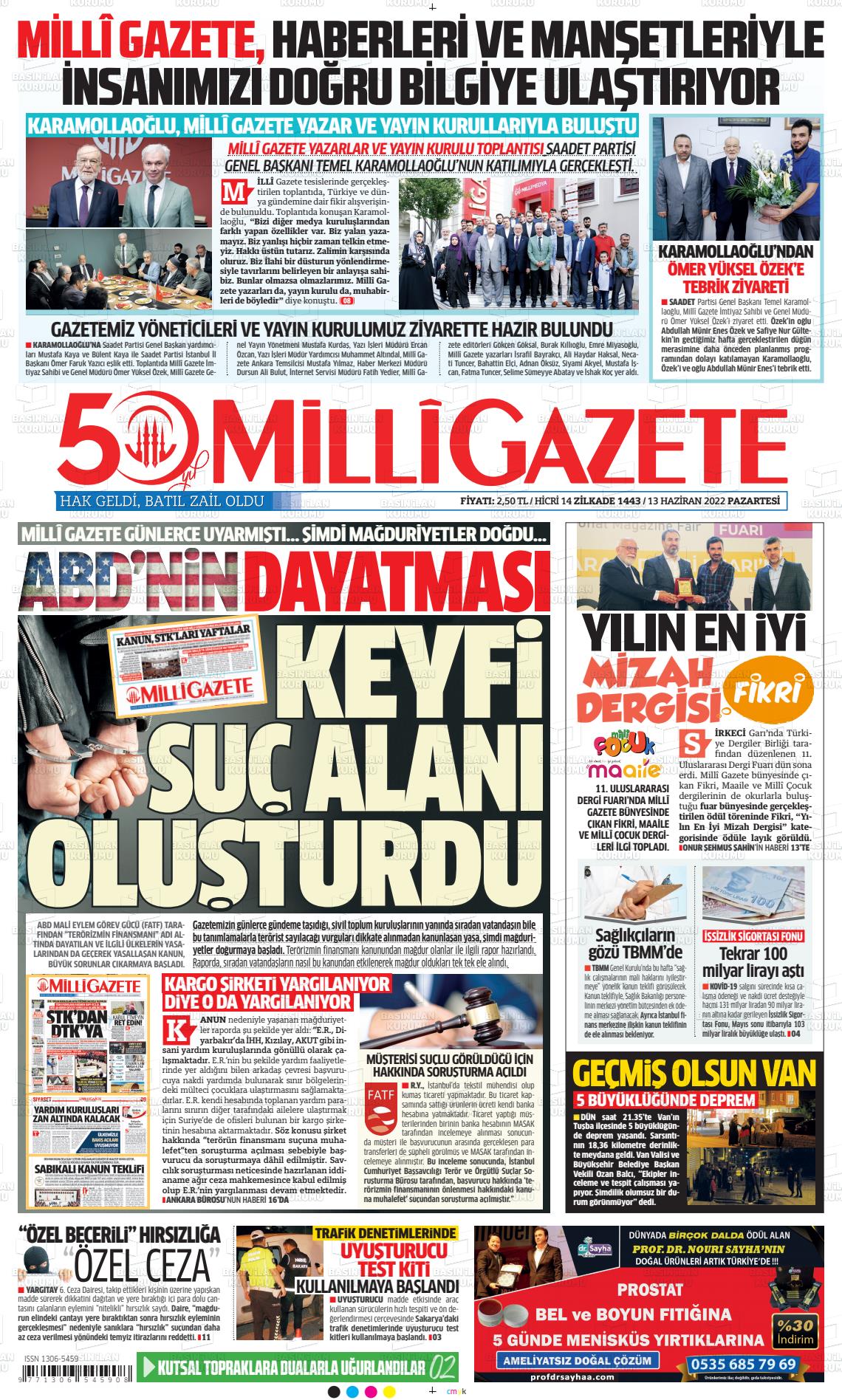 13 Haziran 2022 Milli Gazete Gazete Manşeti