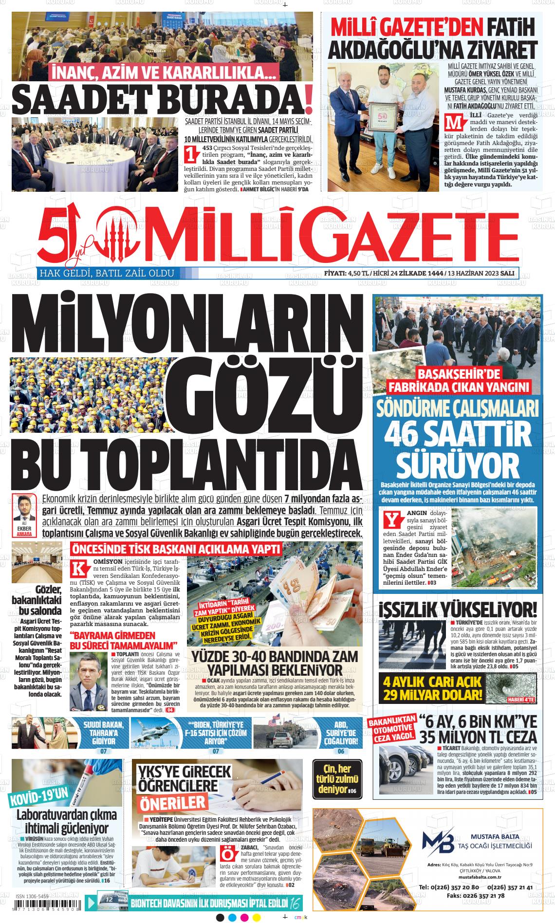 13 Haziran 2023 Milli Gazete Gazete Manşeti