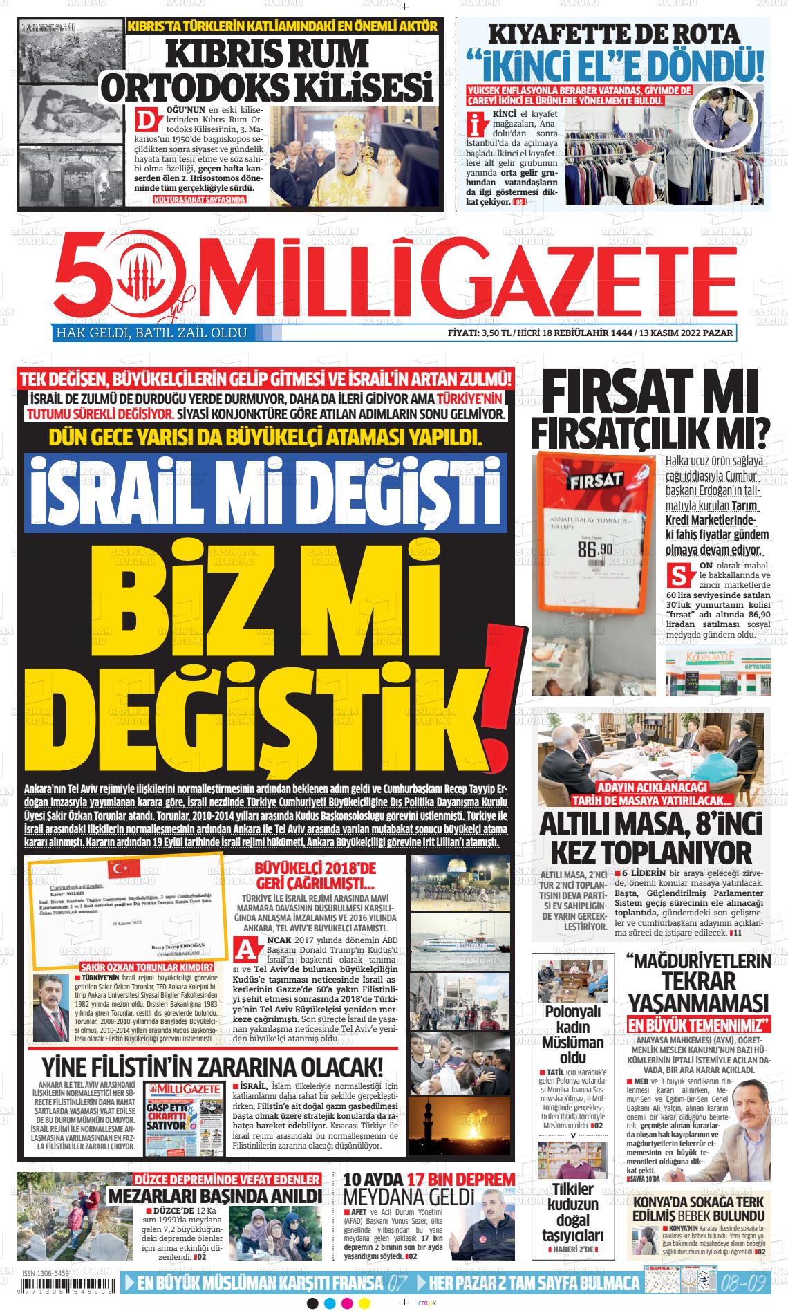 13 Kasım 2022 Milli Gazete Gazete Manşeti