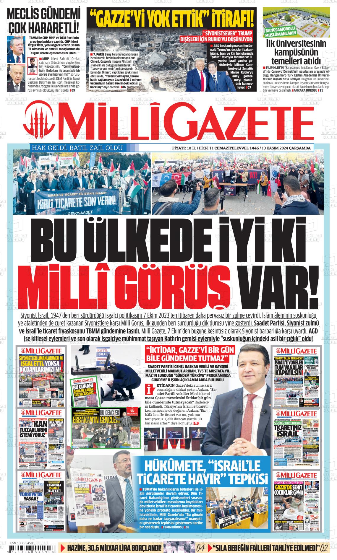 13 Kasım 2024 Milli Gazete Gazete Manşeti