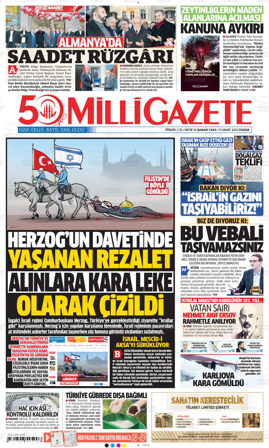 13 Mart 2022 Milli Gazete Gazete Manşeti