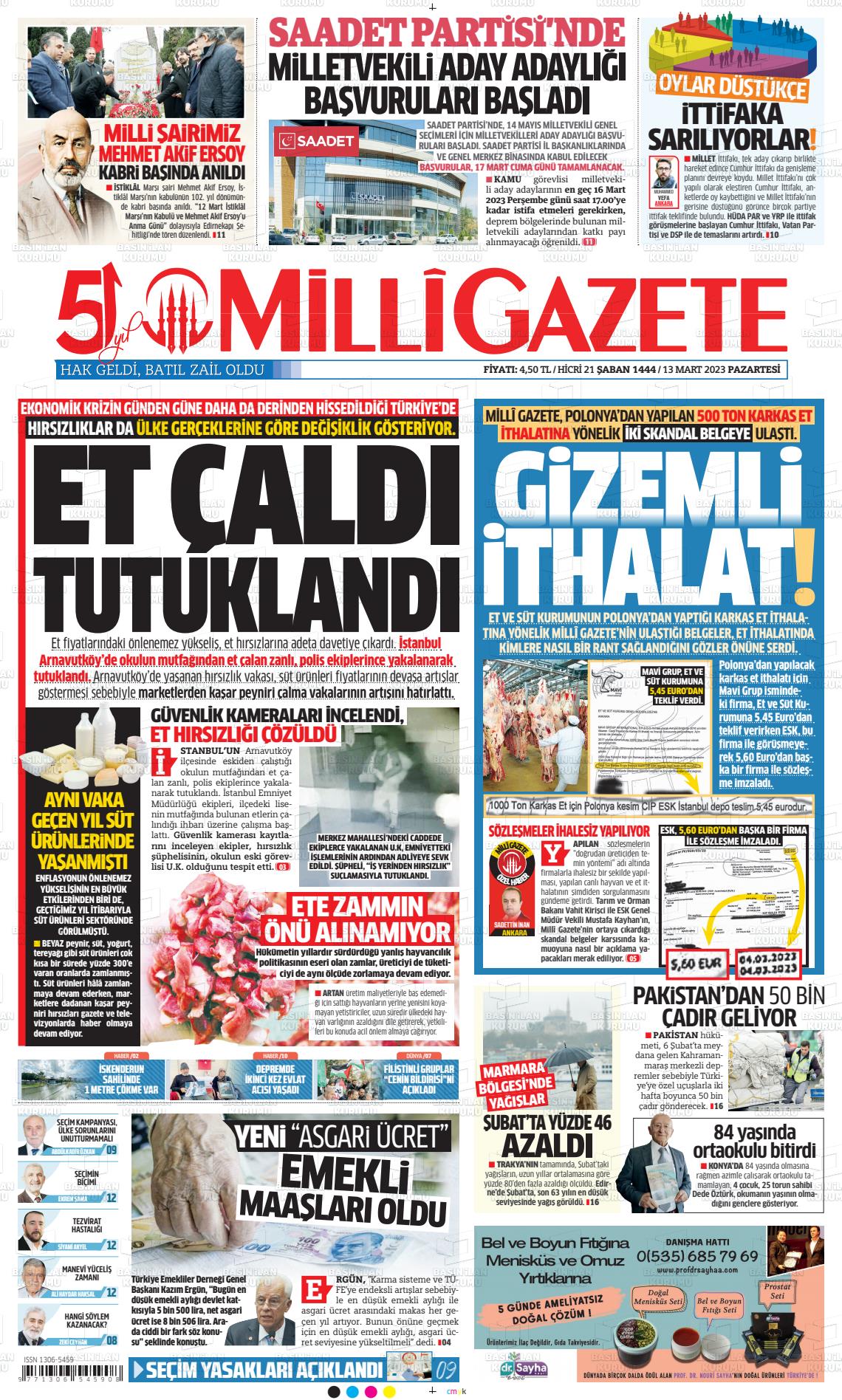 13 Mart 2023 Milli Gazete Gazete Manşeti