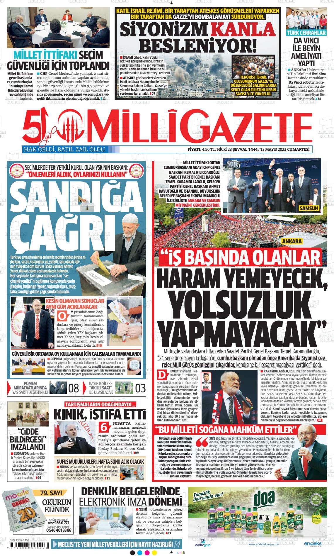 13 Mayıs 2023 Milli Gazete Gazete Manşeti