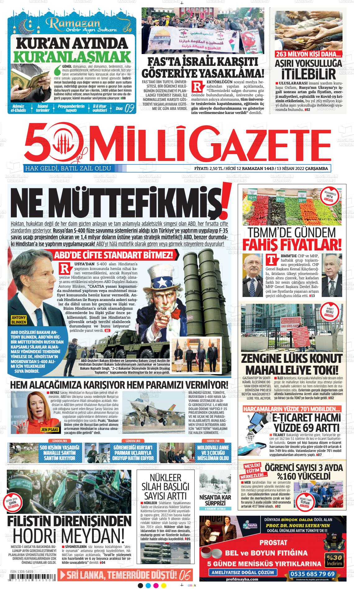 13 Nisan 2022 Milli Gazete Gazete Manşeti