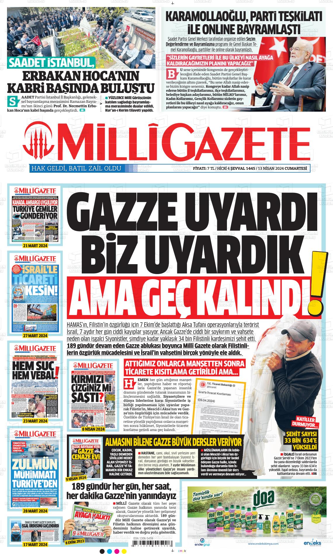 13 Nisan 2024 Milli Gazete Gazete Manşeti