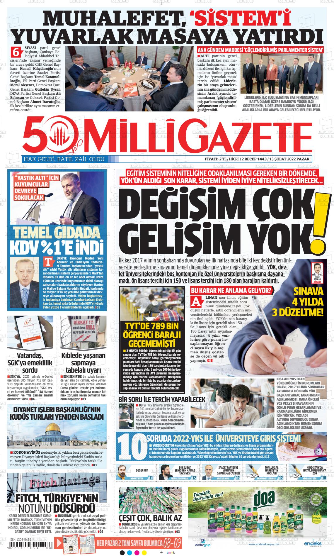 13 Şubat 2022 Milli Gazete Gazete Manşeti