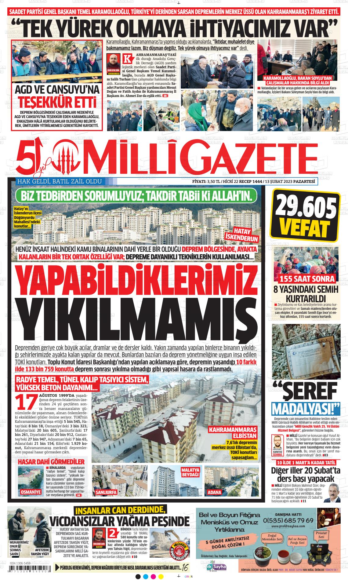 13 Şubat 2023 Milli Gazete Gazete Manşeti