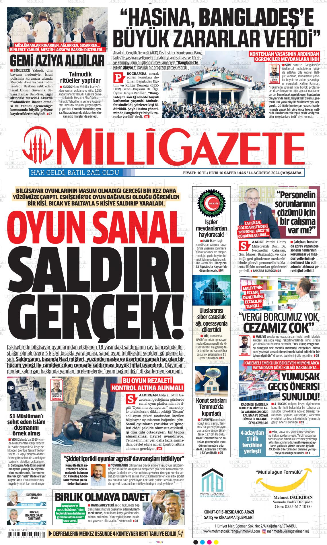 14 Ağustos 2024 Milli Gazete Gazete Manşeti