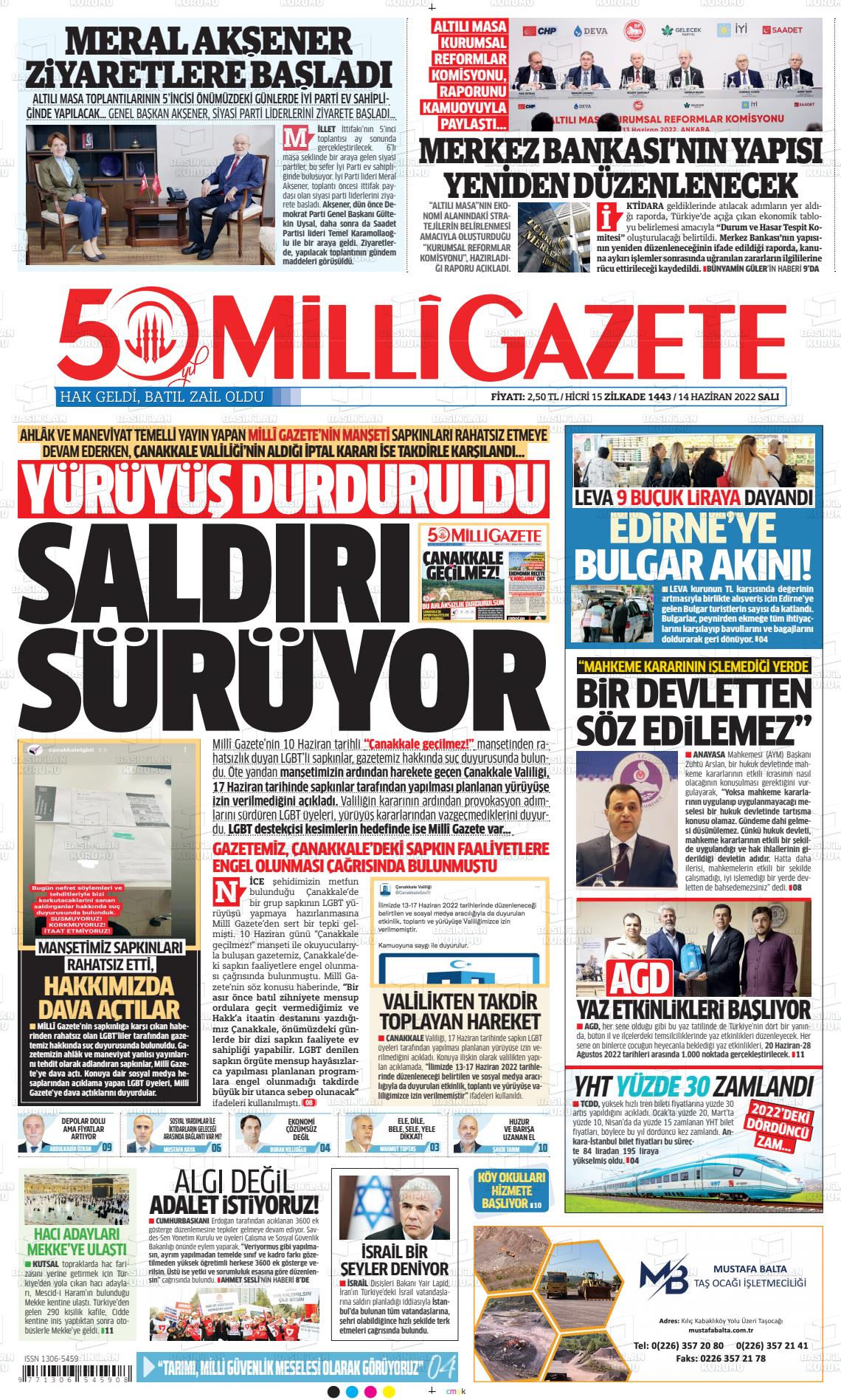 14 Haziran 2022 Milli Gazete Gazete Manşeti