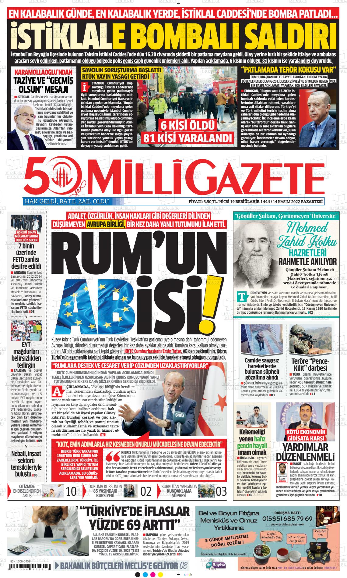 14 Kasım 2022 Milli Gazete Gazete Manşeti