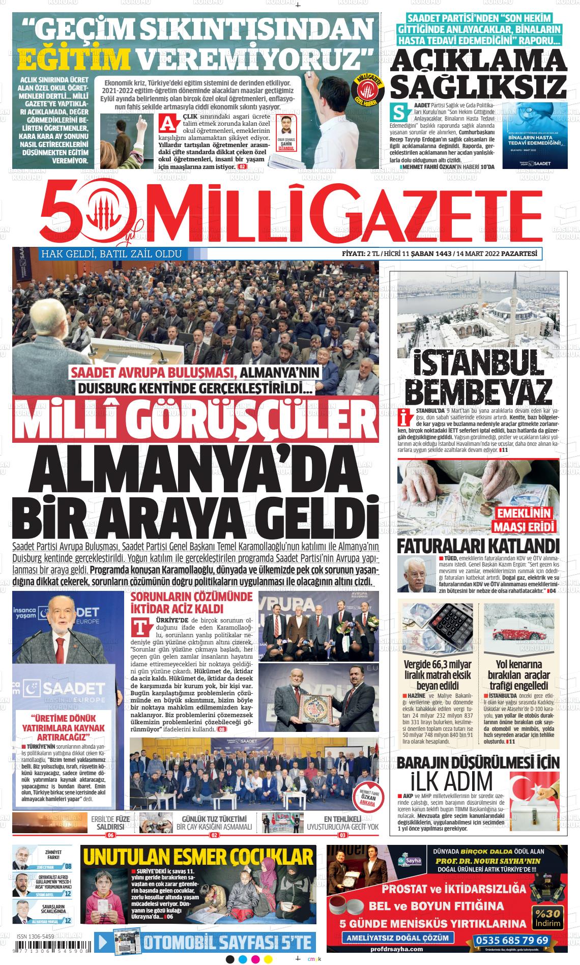 14 Mart 2022 Milli Gazete Gazete Manşeti