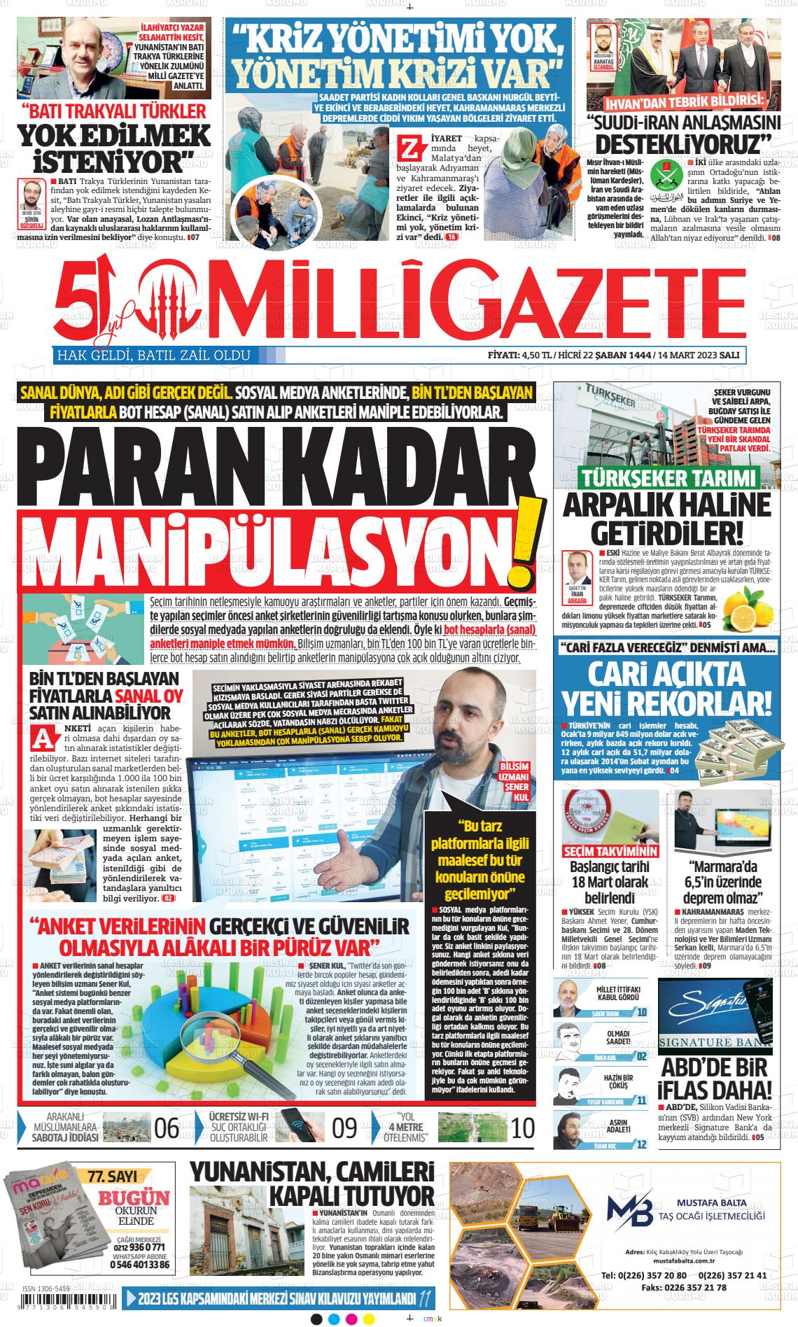 14 Mart 2023 Milli Gazete Gazete Manşeti