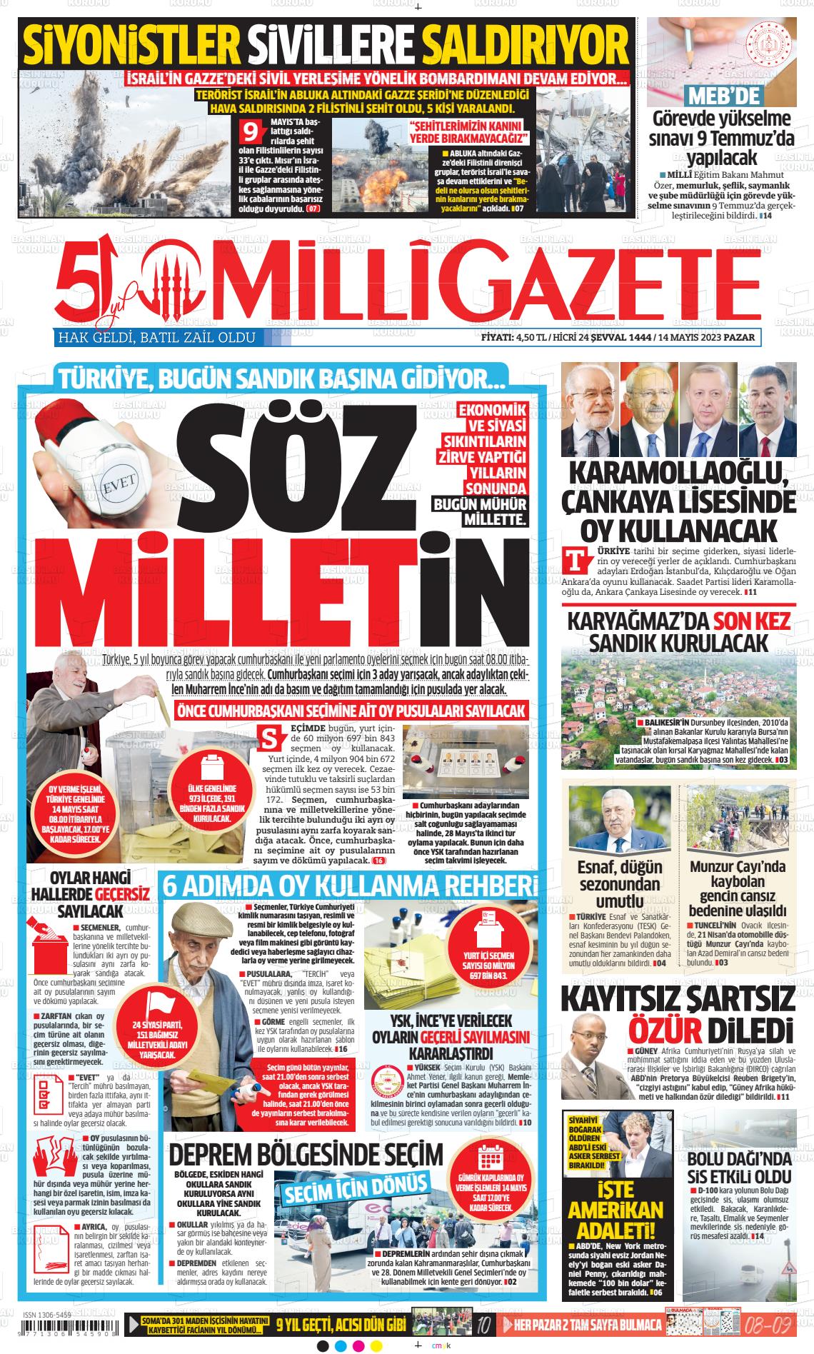 14 Mayıs 2023 Milli Gazete Gazete Manşeti