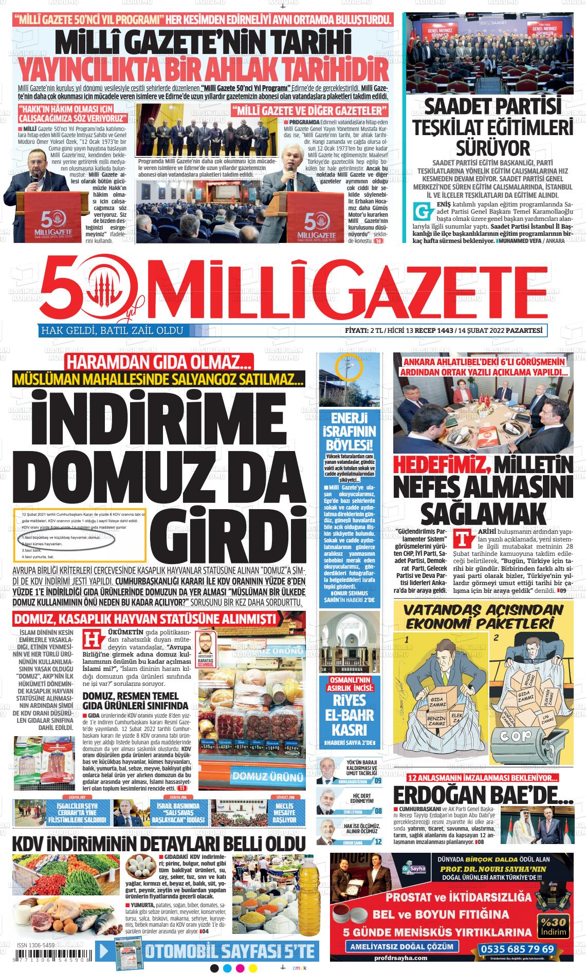 14 Şubat 2022 Milli Gazete Gazete Manşeti