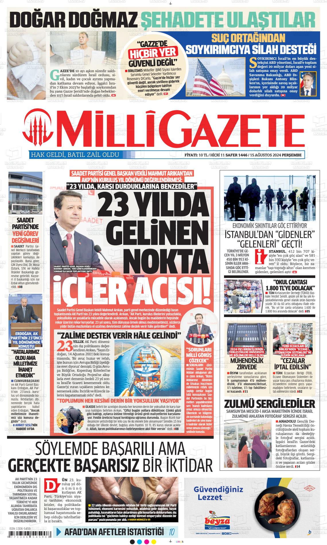 15 Ağustos 2024 Milli Gazete Gazete Manşeti