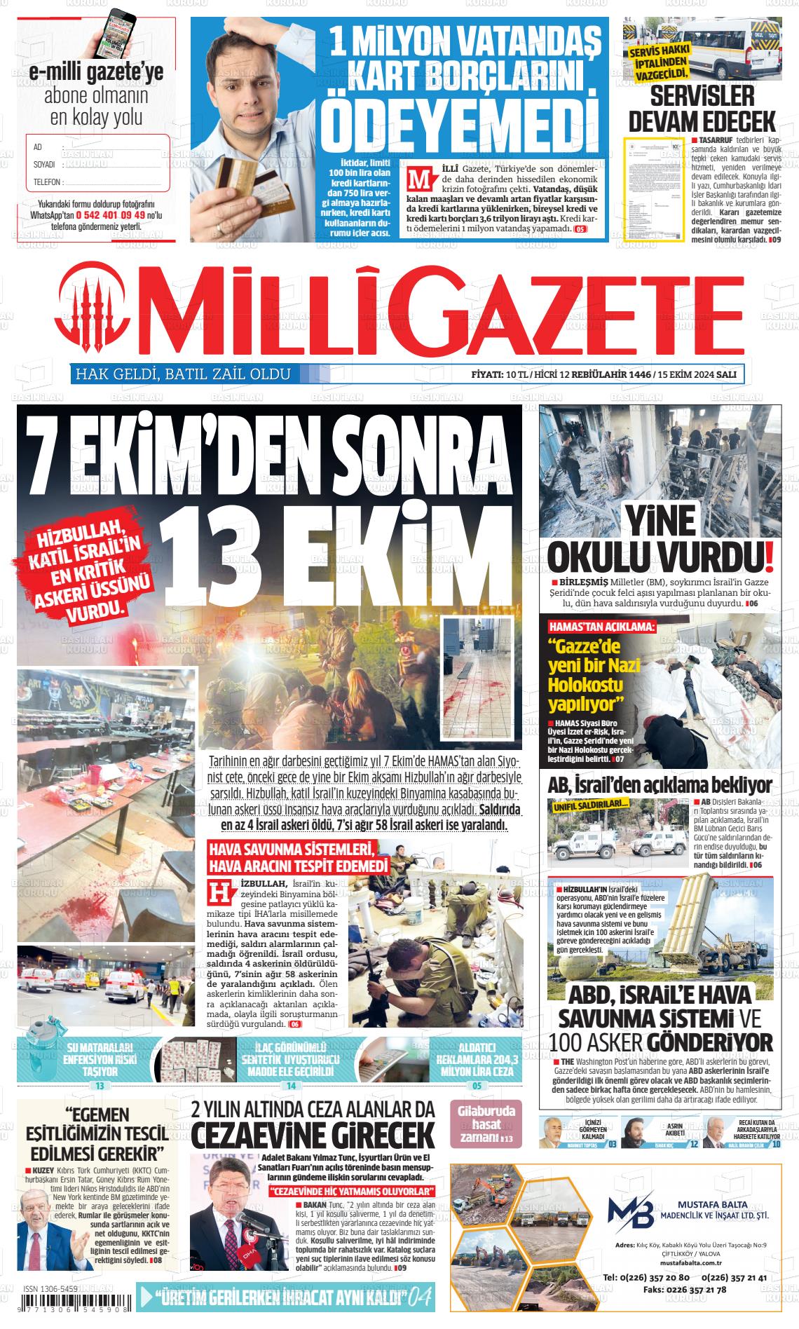 15 Ekim 2024 Milli Gazete Gazete Manşeti