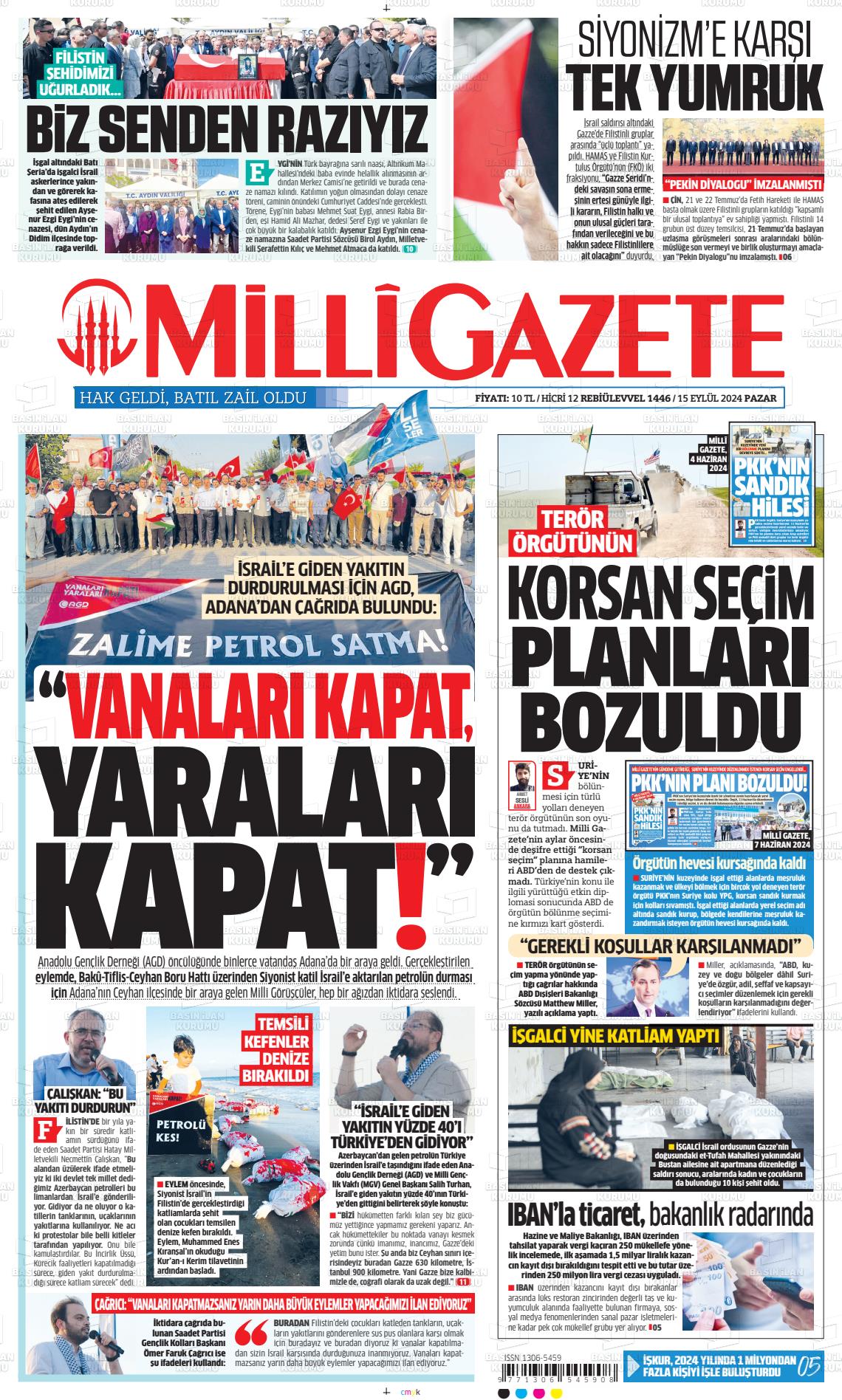 15 Eylül 2024 Milli Gazete Gazete Manşeti