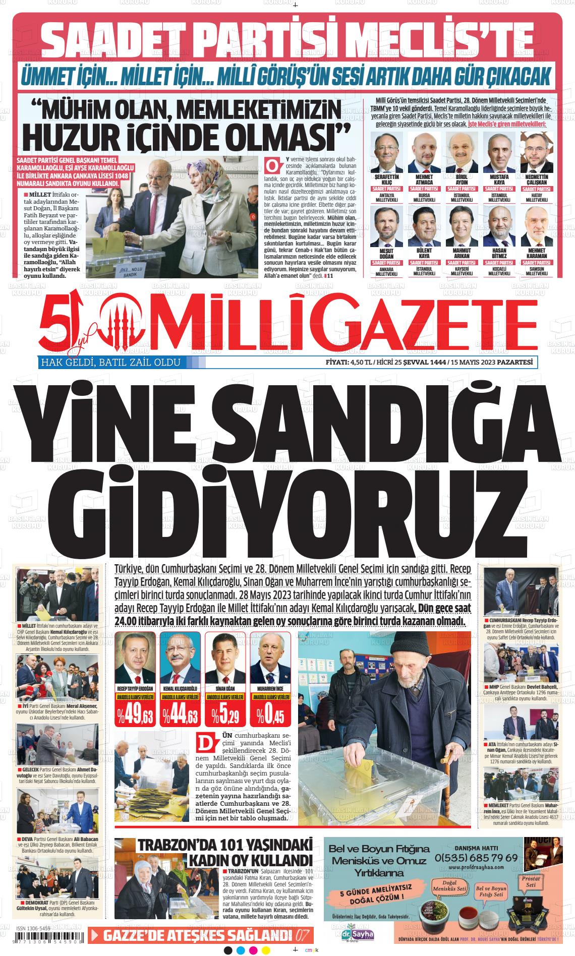 15 Mayıs 2023 Milli Gazete Gazete Manşeti