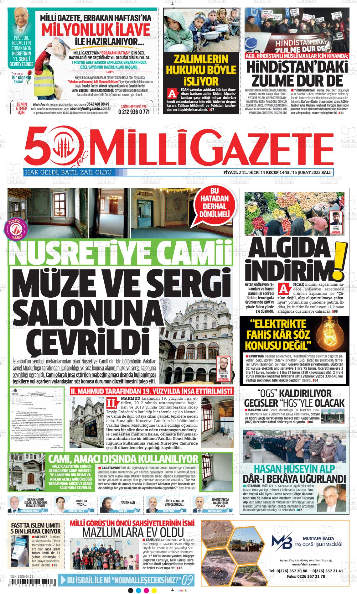 15 Şubat 2022 Milli Gazete Gazete Manşeti