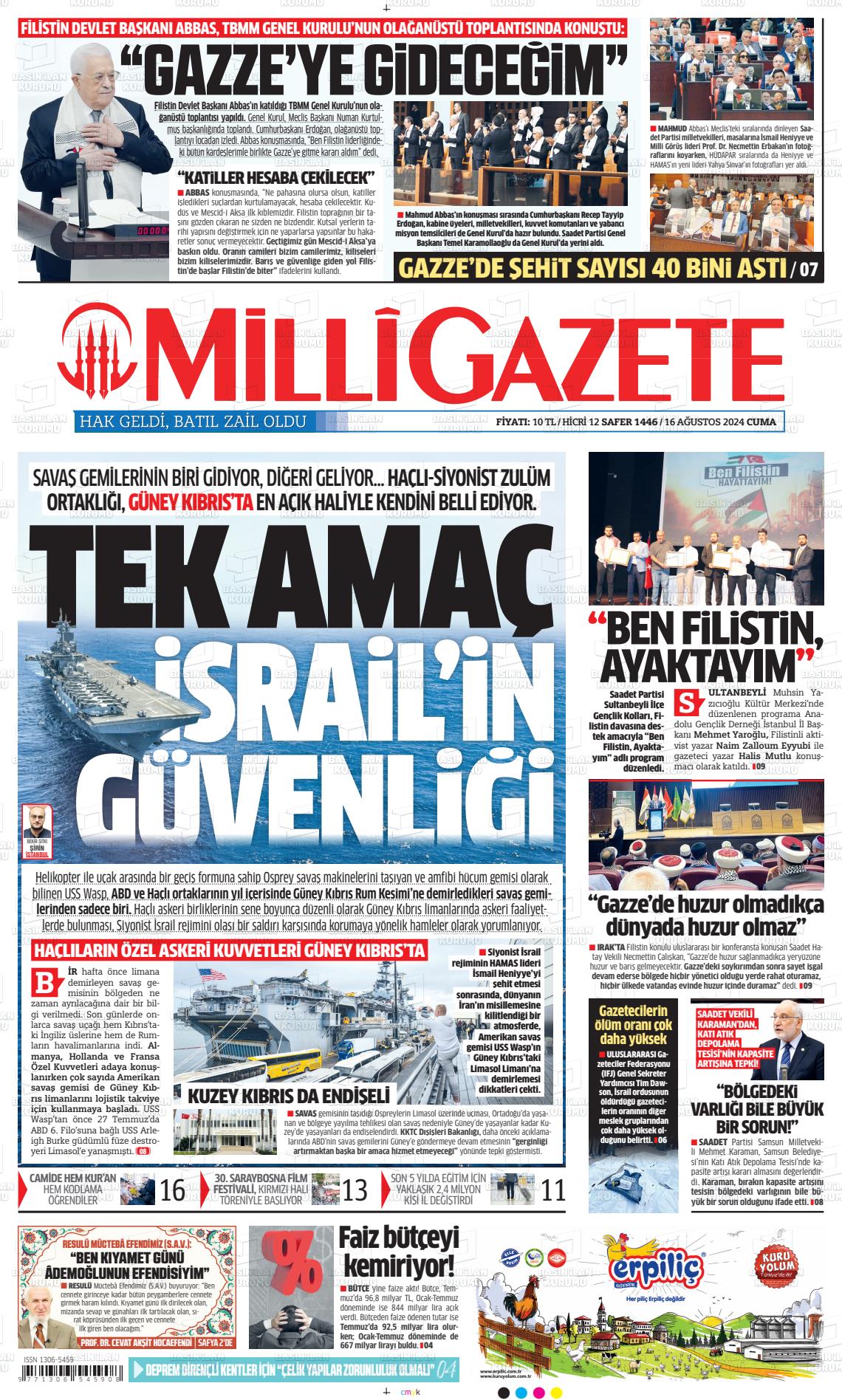 16 Ağustos 2024 Milli Gazete Gazete Manşeti