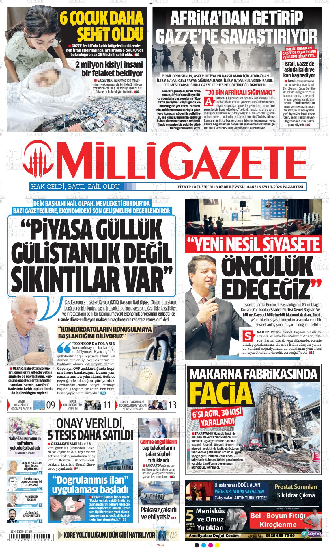 16 Eylül 2024 Milli Gazete Gazete Manşeti