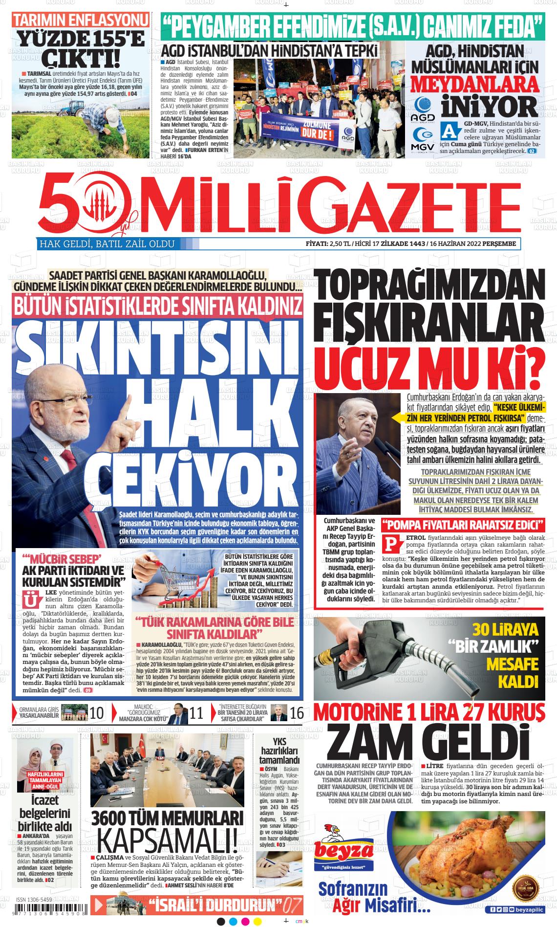 16 Haziran 2022 Milli Gazete Gazete Manşeti