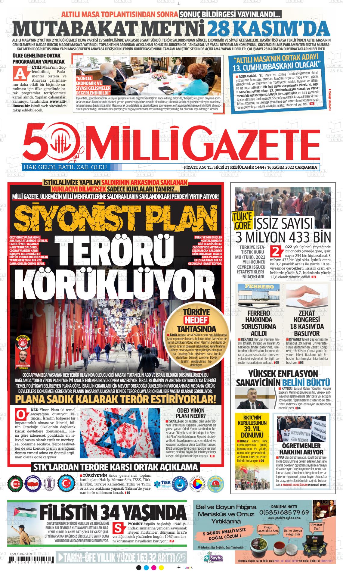 16 Kasım 2022 Milli Gazete Gazete Manşeti